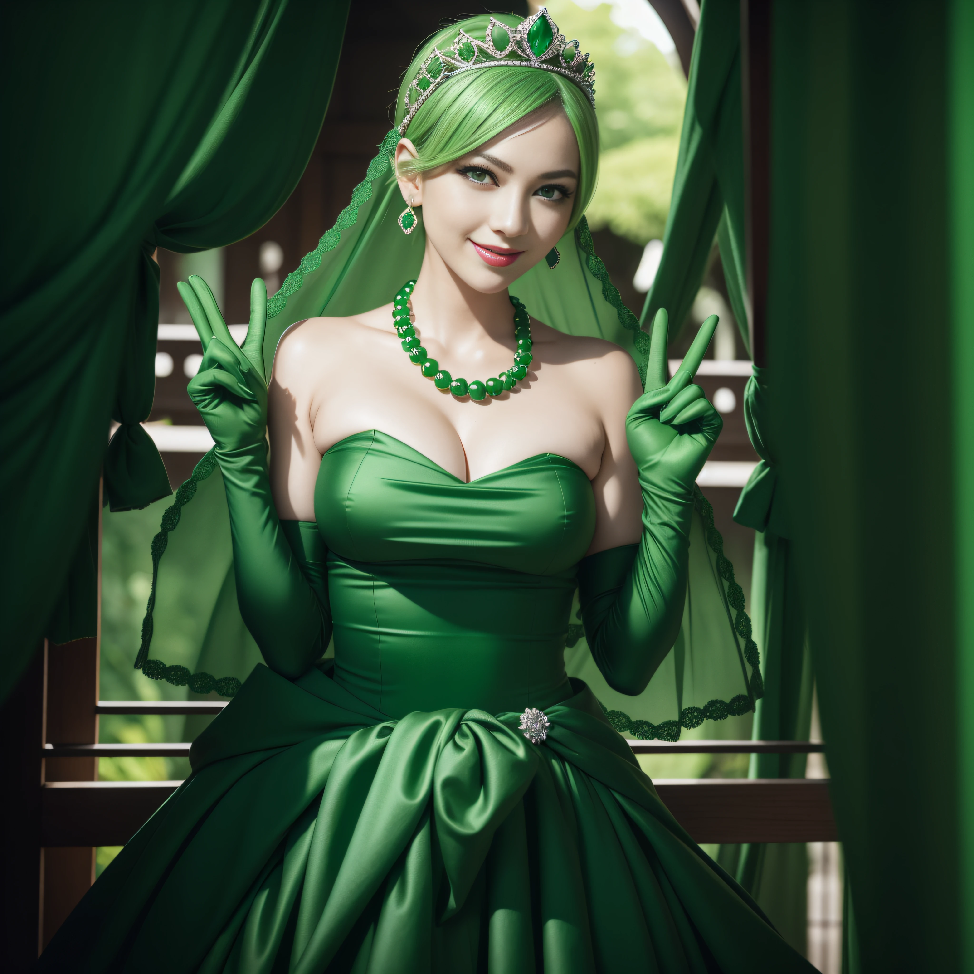 emerald tiara, Green Pearl Necklace, Boyish very short green hair, lipsticks, Japan woman smiling, very short short hair, beautiful, Green eyes, Long green gloves made of satin material, Green eyes, Emerald Earrings, green vale, v sign