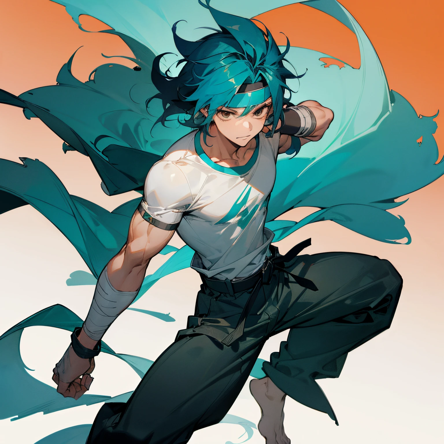 Shoulder Length Spiky Wavy hair , White headband , bracelet , bandage on one arm , Teal Colored Hair , brown eyes , Black Shortsleeve T-Shirt ,Wristbands, Baggy Grey Pants , Karate Belt , Messy Hair , 1male , Teen Male , Lean Muscular Build