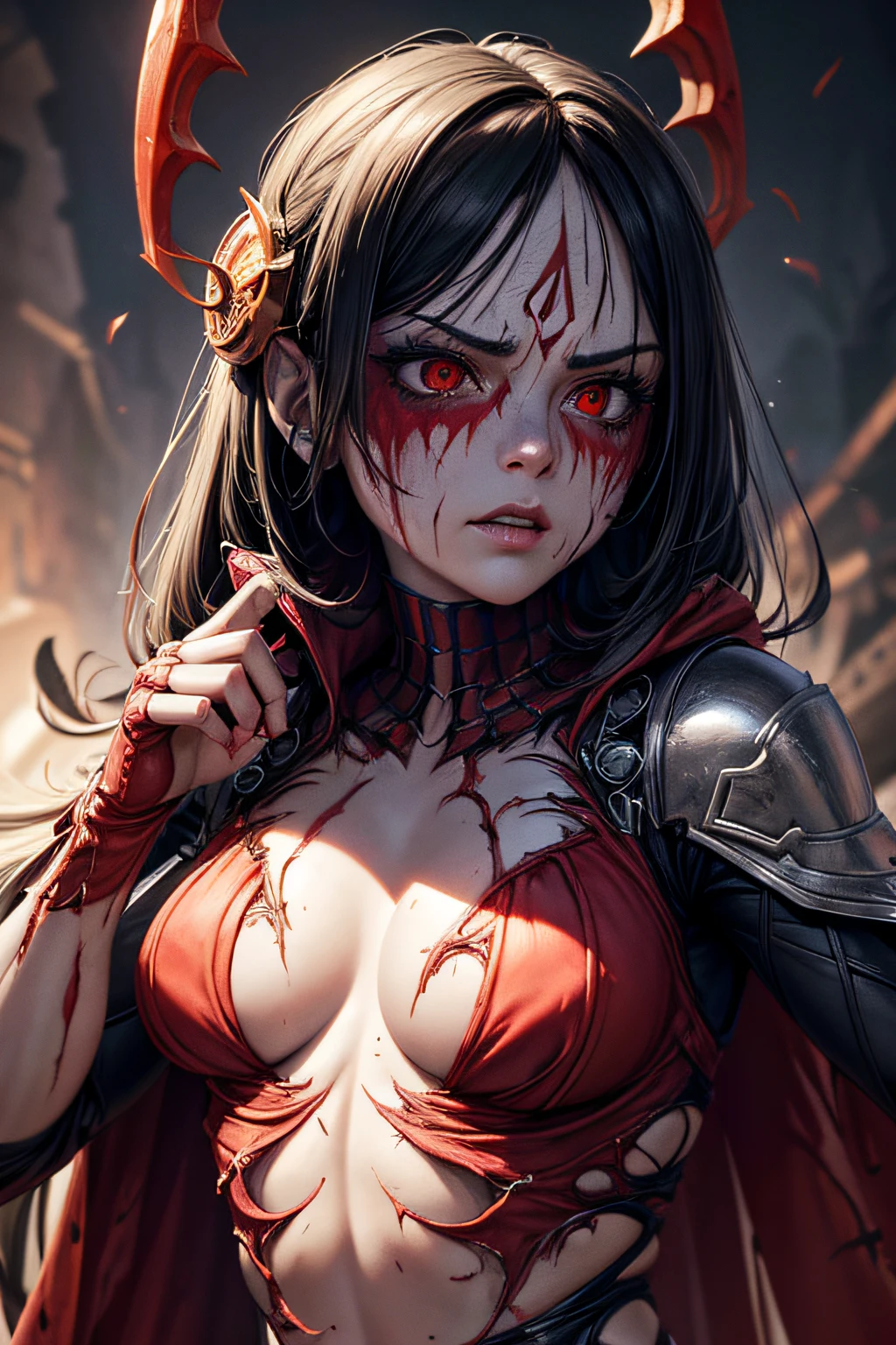 Supervillain Spider-Woman as a rotting dead zombie, Mask on the whole face, tight white and red spider suit with red spider symbol, small breasts, evil look, vilanious, ripped costupe, torn apart clothes, bloody, combat stance, highly detailed, vibrant appearance, creative behavior, extremly detailed, imaginative, sensual, spontaneous, highest quality, skin texture, intricate details, (cinematic lighting), RAW photo, 8k, masterpiece,best quality,ultra-detailed,very detailed illustrations,extremely detailed,intricate details,highres,super complex details,extremely detailed 8k cg wallpaper,