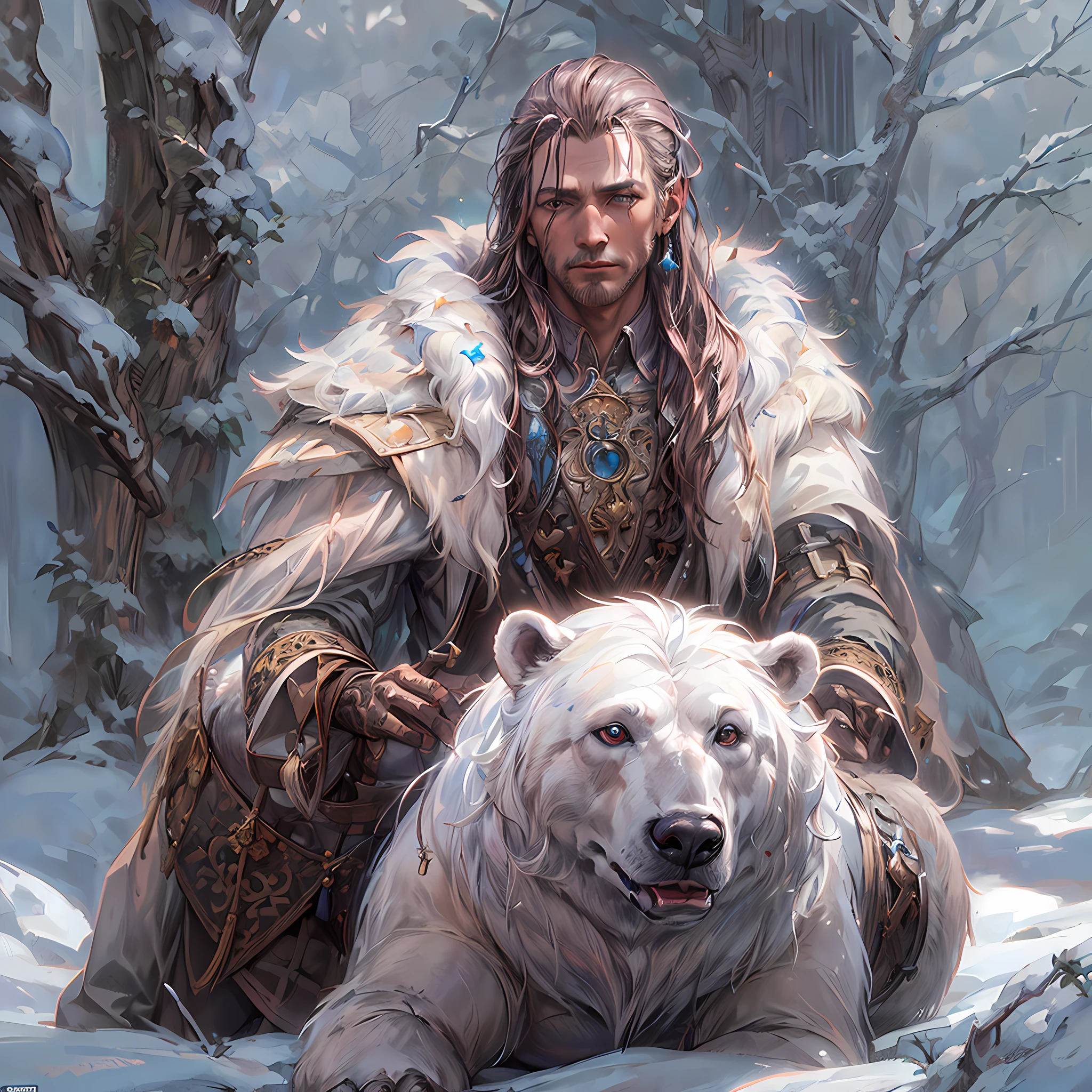 high details, best quality, 8k, [ultra detailed], masterpiece, best quality, (extremely detailed), dynamic angle, ultra wide shot, RAW, photorealistic, fantasy art, dnd art, rpg art, realistic art, a wide angle picture of a male human druid (intricate details, Masterpiece, best quality: 1.5) and his epic pet white bear, priest of nature, cleric of nature, dnd druid, full body, [[anatomically correct]], dynamic position (1.5 intricate details, Masterpiece, best quality) talking to a white bear, polar bear ((intricate details, Masterpiece, best quality: 1.6) in arctic tundra, trees with snows, half frozen river, snow(intricate details, Masterpiece, best quality: 1.5), a male wearing fur clothes (1.4 intricate details, Masterpiece, best quality), armed with a glowing (quarterstaff: 1.3) gl0w1ngR,  Ultra Detailed Face (intricate details, Masterpiece, best quality: 1.5), fur boots, thick hair, long hair, blond hair, pale skin intense fair eyes, arctic background (intense details), dynamic light, dynamic angle, (intricate details, Masterpiece, best quality: 1.5) high details, best quality, highres, ultra wide angle, 2.5 rendering