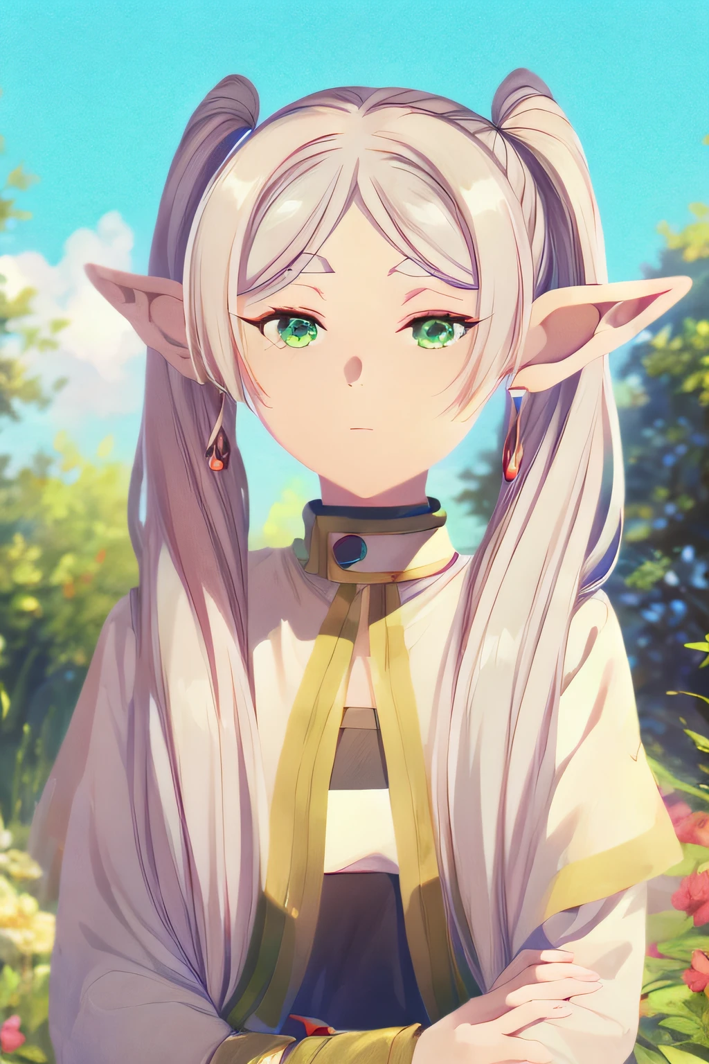 (masutepiece, Best Quality, very detailed illustration, 8K UHD),Green eye, elf, pointy ear,Twin tail,White hair, Upper body,plein air,Witch's Wand