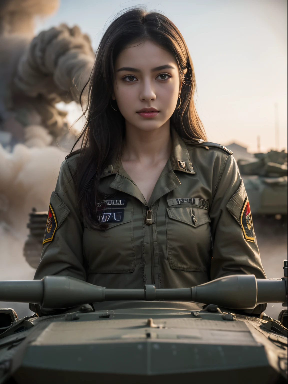 (8k, highest quality, ultra detailed:1.37), (Eliana), 18yo, (a skilled Israeli tank operator), maneuvers her tank in a war-torn battleground. She wears a military uniform and operates the controls with precision and expertise. The high-resolution image captures ultra-detailed realism, highlighting Eliana's focused expression, confident demeanor, and the intensity in her eyes. The devastated landscape with smoke and debris adds to the realism, showcasing Eliana's skill and bravery as she operates a powerful war machine.