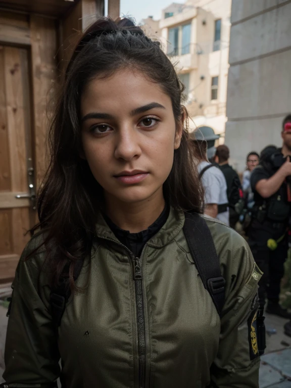 (8k, highest quality, ultra detailed:1.37), (Eliana), 18yo, (a skilled Israeli bomb disposal expert), carefully defuses an explosive device in a hazardous war zone. She wears a protective bomb suit and carries specialized equipment, showcasing her expertise and bravery. The high-resolution image captures ultra-detailed realism, highlighting Eliana's focused expression, calm demeanor, and the intensity in her eyes. The tense atmosphere and destruction in the background adds to the realism, emphasizing Eliana's crucial role in neutralizing threats and ensuring the safety of others.