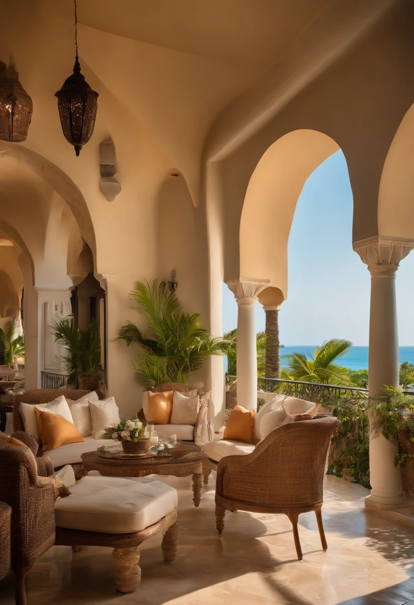 Moroccan style, a mediterranean villa overlooking a tropical sea,crystal clear turquoise water,white sand beaches,lush green palm trees,freshly bloomed tropical flowers,expansive balcony with panoramic views,immaculately manicured gardens,sparkling swimming pool surrounded by lounge chairs,open-air terrace with elegant outdoor furniture and a dining area,gracefully arched doorways and windows,ornate details and intricate patterns,the villa bathed in warm golden sunlight,soft sea breeze gently swaying sheer curtains,exquisite interior decor with a blend of modern and traditional elements,high ceilings and marble floors,stunning chandeliers and luxurious furniture,warm and inviting color palette with accents of vibrant tropical colors,reflections of the sunset on the water,peaceful and serene atmosphere,breathtaking views of the vast ocean and nearby islands,(best quality,4k,8k,highres,masterpiece:1.2),ultra-detailed,realistic:1.37,palm-fringed paradise,portraits,coastal bliss