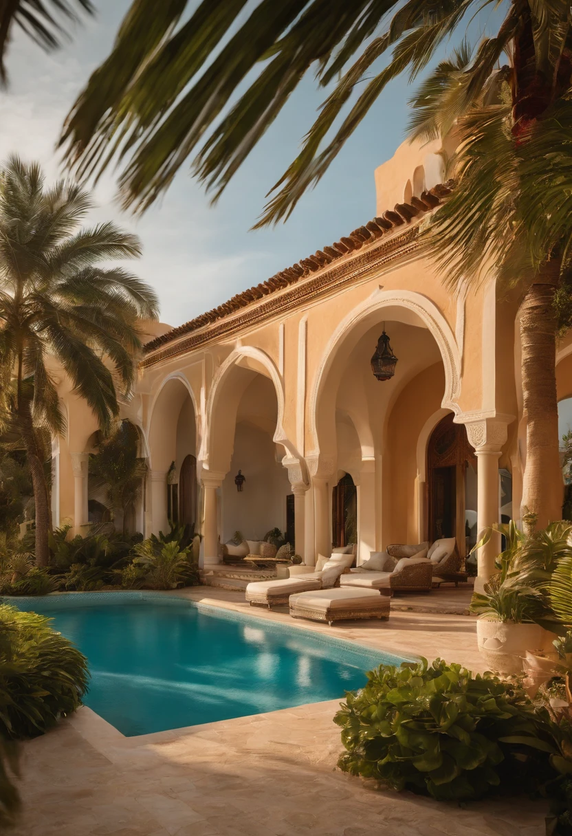 Moroccan style, a mediterranean villa overlooking a tropical sea,crystal clear turquoise water,white sand beaches,lush green palm trees,freshly bloomed tropical flowers,expansive balcony with panoramic views,immaculately manicured gardens,sparkling swimming pool surrounded by lounge chairs,open-air terrace with elegant outdoor furniture and a dining area,gracefully arched doorways and windows,ornate details and intricate patterns,the villa bathed in warm golden sunlight,soft sea breeze gently swaying sheer curtains,exquisite interior decor with a blend of modern and traditional elements,high ceilings and marble floors,stunning chandeliers and luxurious furniture,warm and inviting color palette with accents of vibrant tropical colors,reflections of the sunset on the water,peaceful and serene atmosphere,breathtaking views of the vast ocean and nearby islands,(best quality,4k,8k,highres,masterpiece:1.2),ultra-detailed,realistic:1.37,palm-fringed paradise,portraits,coastal bliss