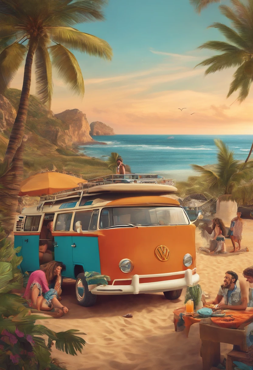 A photo of the character and a group of friends enjoying a wake and bake session in a cozy and colorful VW camper van, parked by the beach.,original,long hair, scruffy dressed, always has a bong in hand, male