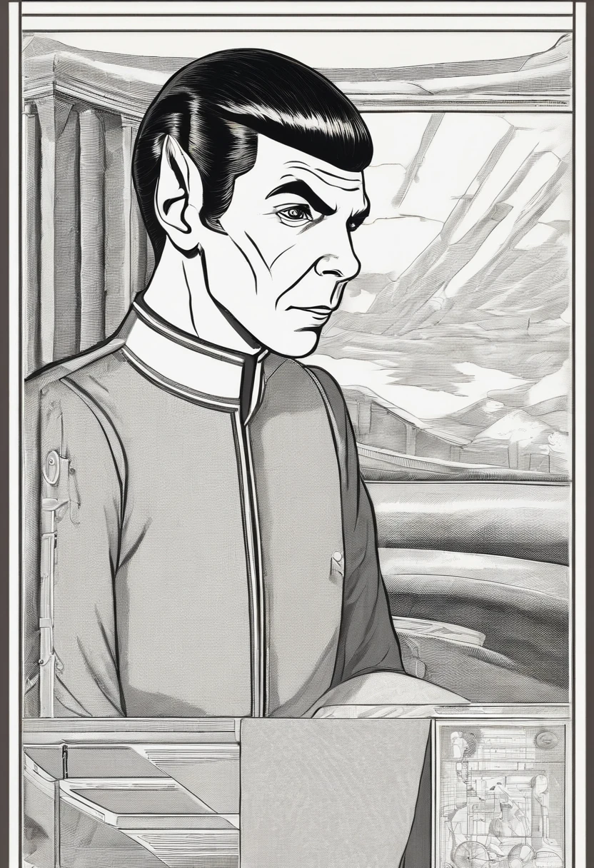 A photo of Spock at the Vulcan Science Academy, exploring an ancient record of Vulcan astronomical observations.,Star Trek,Spock, the iconic character from “Star Trek,” is distinguished by his unique Vulcan appearance: sharp, angular features, with notably pointed ears and slanted eyebrows, often complemented by his calm, composed expression. His hair is typically cut in a precise, straight style, adding to his orderly and logical demeanor., male