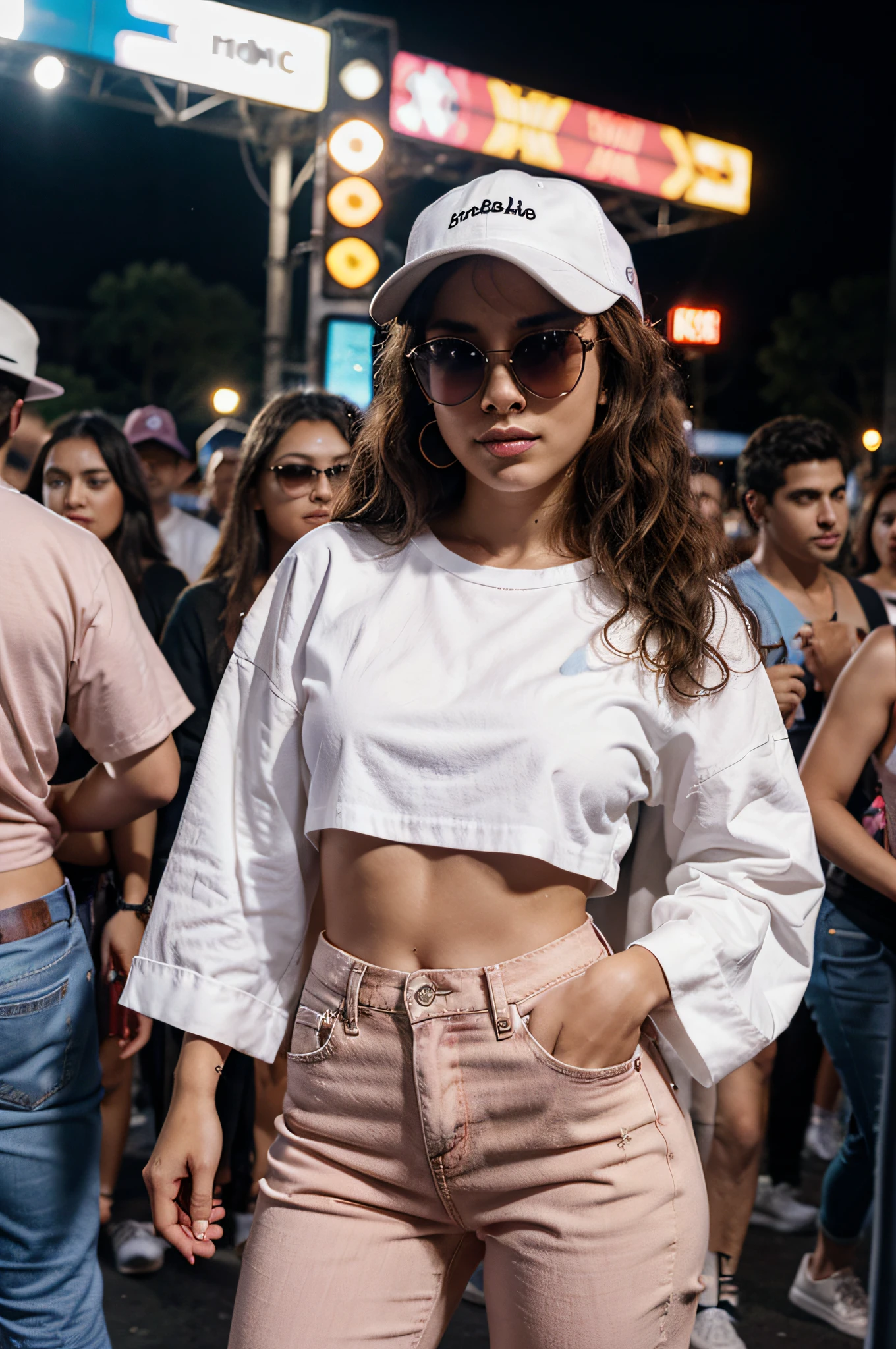 Mujer latina, small breasts, cabello rizado, en medio de la multitud disfrutando de un concierto, con otras personas. Camisa oversize blanca, vaqueros, jefe, gafas de sol rosas, music, Noche, Luces, audiencia