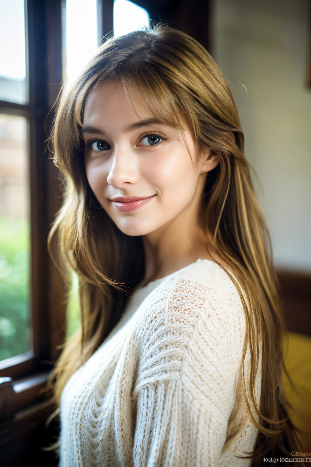 (masterpiece), (sharp), (crisp), Beautiful brunette with blonde highlights wearing a beige sweater (in a bedroom), (windows behind), Very detailed, 24 years old, innocent face, natural wavy hair, blue eyes, High resolution , masterpiece, Best quality, intricate high detail, highly detailed, sharp focus, detailed skin, realistic skin texture, texture, detailed eyes, professional, 4K, charming smile, filmed on Canon, 85 mm, shallow depth of field, Color Kodak Vision, perfect fit body, Extremely detailed, photographe_\(ultra\), photoreallistic, Realstic, Post-processing, Maximum details, roughness, real life, ultra realist, photorealism, photography, 8K UHD, photography, full body
