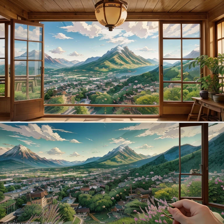 there is a painting of a window with a view of a mountain,
illstration style, studio ghibli style, scenery art detailed,
scenery wallpaper aesthetic, detailed painting 4 k, beautiful
anume scenery, detailed scenic view, japanese art style,
scenery wallpaper