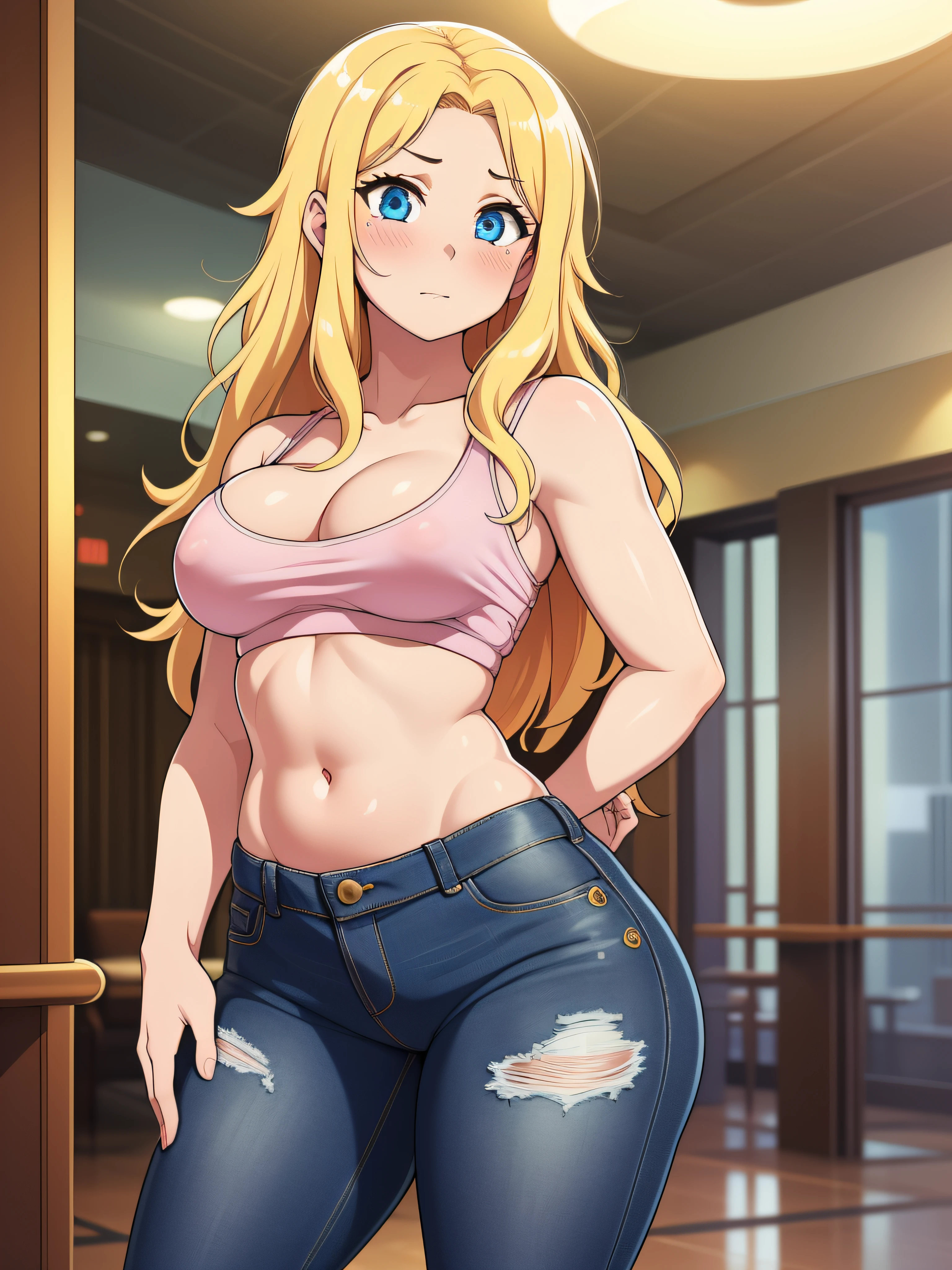 ((highres)), Masterpiece, high quality, best quality, beautiful, perfect lighting, detailed face, ultra cute face, cowboy shot, ((1girl)), ((solo)), blush, long blonde hair, fluffy hair, blue eyes, crop top, jeans, hotel lobby, large breasts, perky breasts, cleavage, wide hips, thick thighs,