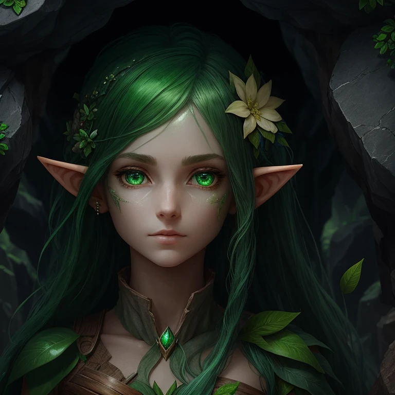 Elf type, girl, elements of earth, green hair with leave and flower, skin textured like wood, stone coming out of her skins, green eyes, power of leaves and rocks, look like a spirit.