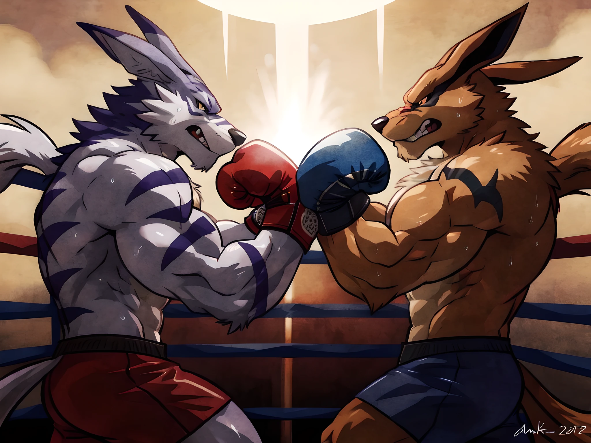 (ultra quality):1.4, 4k, high resolution, best quality, color, smooth comics style, takemoto_arashi style, wfa style, two characters, kurama and weregarurumon boxing, muscles:1, heavyweight, massive build, vascular veins, anime martial arts, sweat:1.2, strong:1, masculine, boxing ring, fighting:1 scene, punching, throwing blows, dynamic:1 scene, punching each other, (wearing boxing gloves, detailed boxing gloves:1.1), detailed, detailed face, detailed eyes