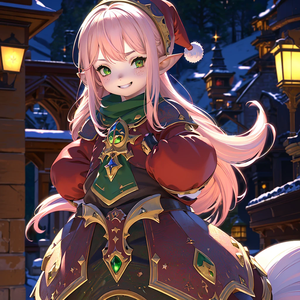 anime, (masterpiece, best quality, ultra-detailed), (detailed background, night time, outside, snow), (beautiful detailed face), 1 girl (solo, Lalafell, long hair, pink hair, santa hat, grin expression, high detail eyes, (glowing emerald green eyes):1.1)