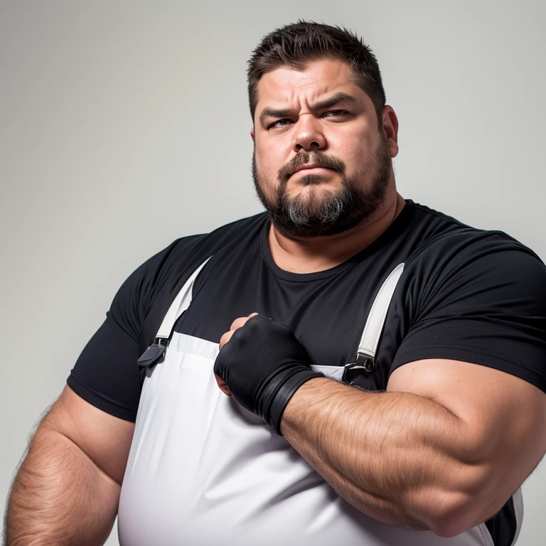 1man, janitor, adult, stoic, masculine, big, looking to the viewer, fat, short beard, isolated on a White background