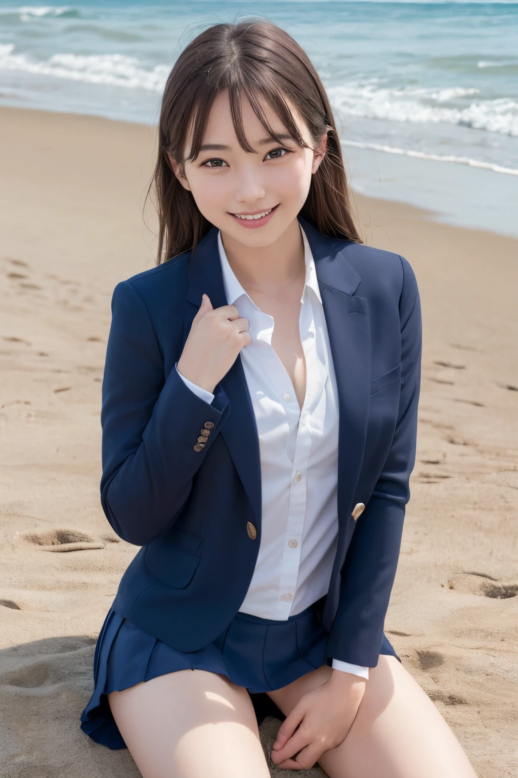 Sitting,  (8K, Raw photo, Best Quality, masutepiece:1.2), (Realistic, Photorealsitic:1.4), (Very detailed 8k wallpaper), Smile, Round face, in beach, School uniform, Blazer, School, Dark blue skirt, Short skirt, (Smaller chest:1.2), (NSFW1.8)