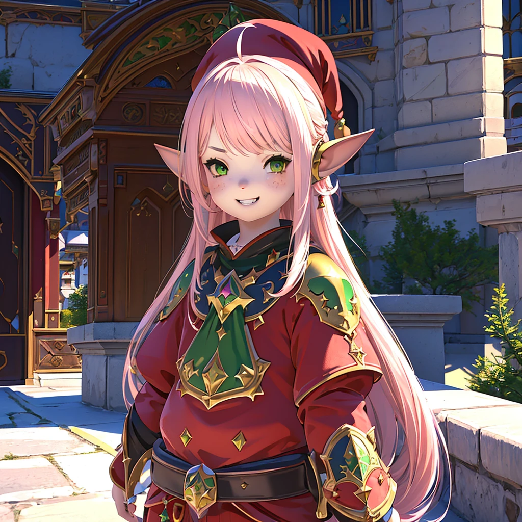 anime, (masterpiece, best quality, ultra-detailed), (beautiful detailed face), 1 girl (solo, Lalafell, long hair, pink hair, santa hat, santa outfit, grin expression, high detail eyes, (glowing emerald green eyes):1.1), (detailed background, night time, outside, snow),