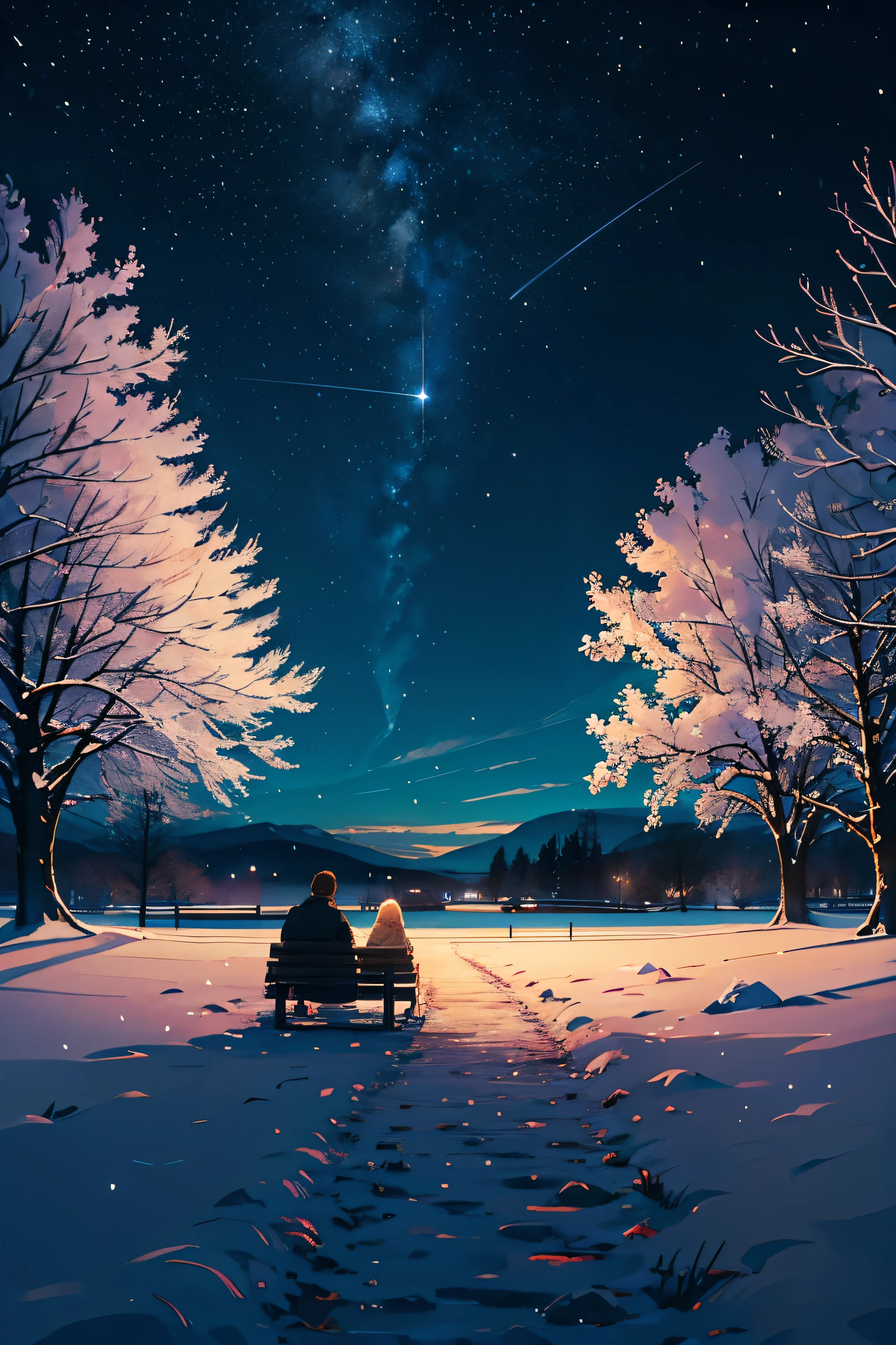 In the distance, couple sitting on a bench in snowy weather on a beautiful field, evening with the stars, seen from behind