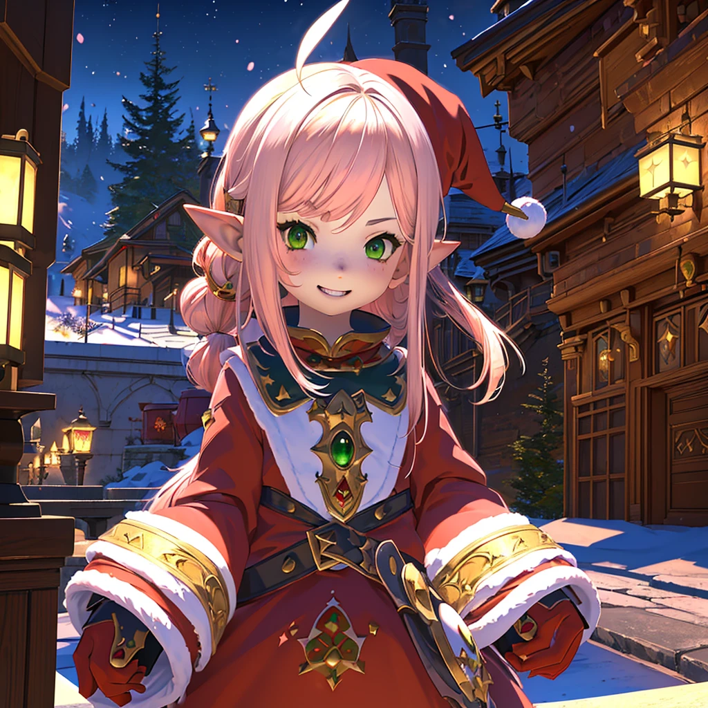 anime, (masterpiece, best quality, ultra-detailed), (detailed background, night time, outside, snow), (beautiful detailed face), 1 girl (solo, Lalafell, long hair, pink hair, santa hat, santa outfit, grin expression, high detail eyes, (glowing emerald green eyes):1.1)