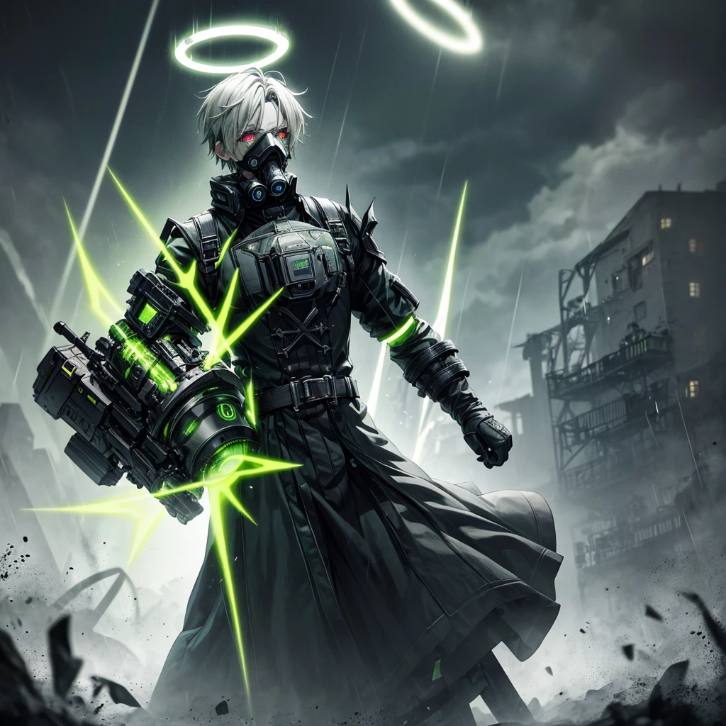 Gothic Angle male, gas mask, gothic Clothes, grey skin, facing forward, Green Plasma, Full body, halo, Sliding, Dark sky, Green Glowing Halos around arms, Green glowing eyes, Sadness, Thunderstorm, Raining, High Contrast
