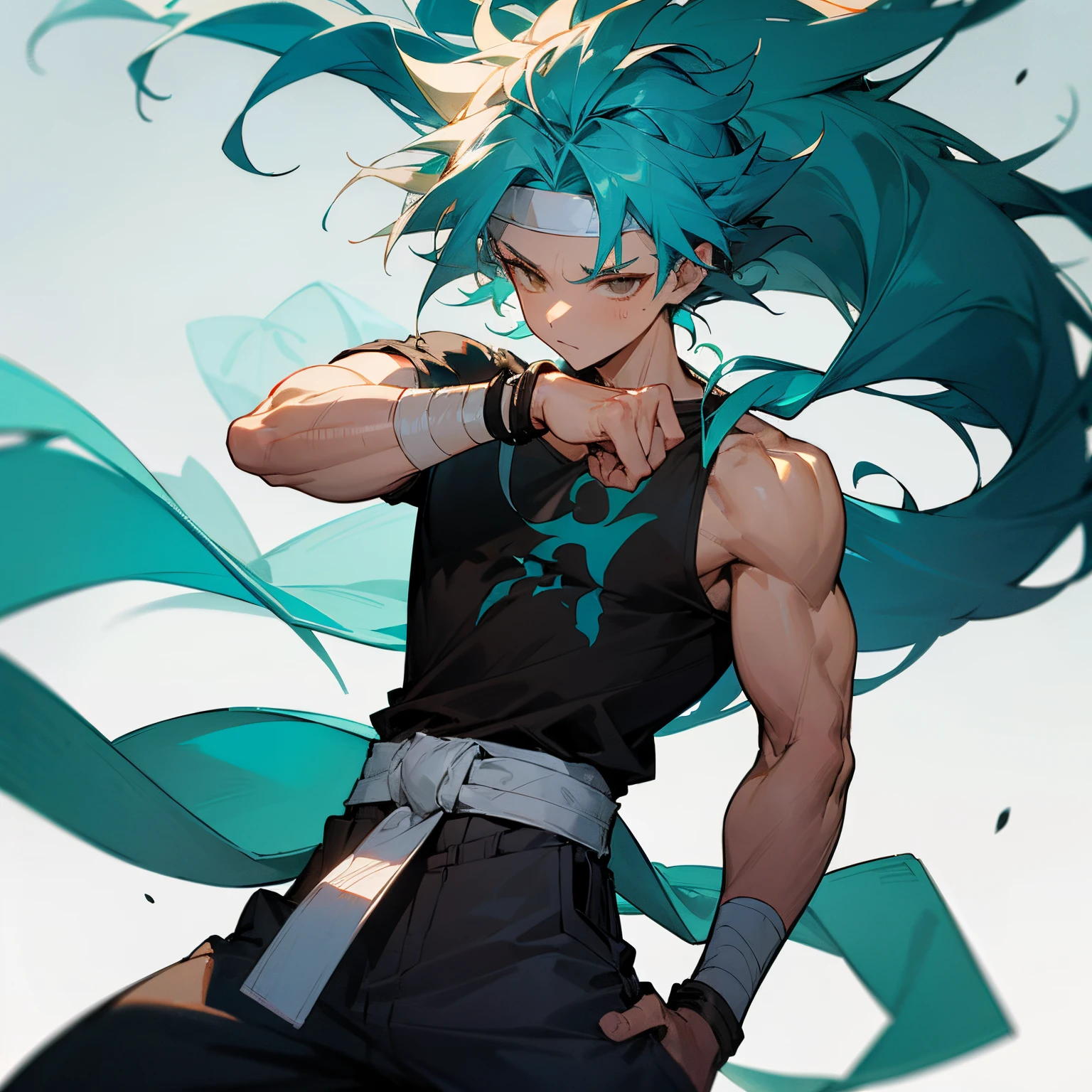 Long Shoulder Length Spiky Wavy hair , White headband , bracelet , bandage on one arm , Teal Colored Hair , brown eyes , Black Shortsleeve T-Shirt ,Wristbands, Baggy Grey Pants , Karate Belt , Messy Hair , 1male , Teen Male , Lean Muscular Build