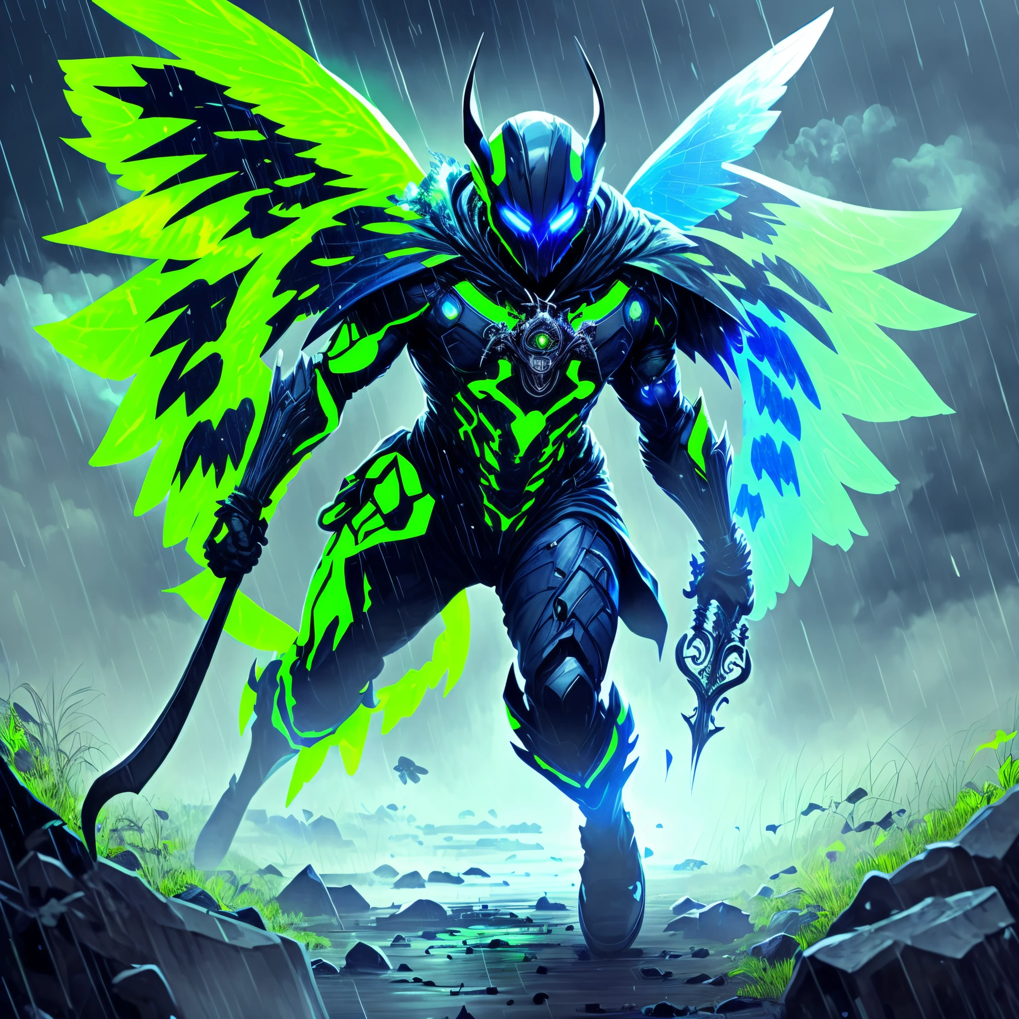 One Angle male Muscler, Grim Clothes, grey skin, Plasma wings, Full body, half green scale skin, halo, Sliding, Dark sky, Holding a scythe, Blue Glowing necklace, Blue glowing eyes, Sadness, Thunderstorm, Raining