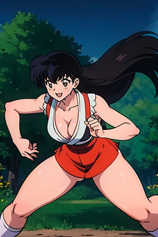 Kagome Higurashi, mai shiranui from the king of fighters, 1girl, solo, beautiful detailed eyes, ultradetailed eyes, extremely detailed face, perfect lighting, long black hair, golden eyes, 25yo, Japanese mature female, wearing a red short kimono, cleavage, matured face, blushing, joyful expression, big breast, big hips, full body view, athletic body, (Curvy:1.35), dynamic pose, fighting stance, defensive pose, ((Master piece)), best quality,