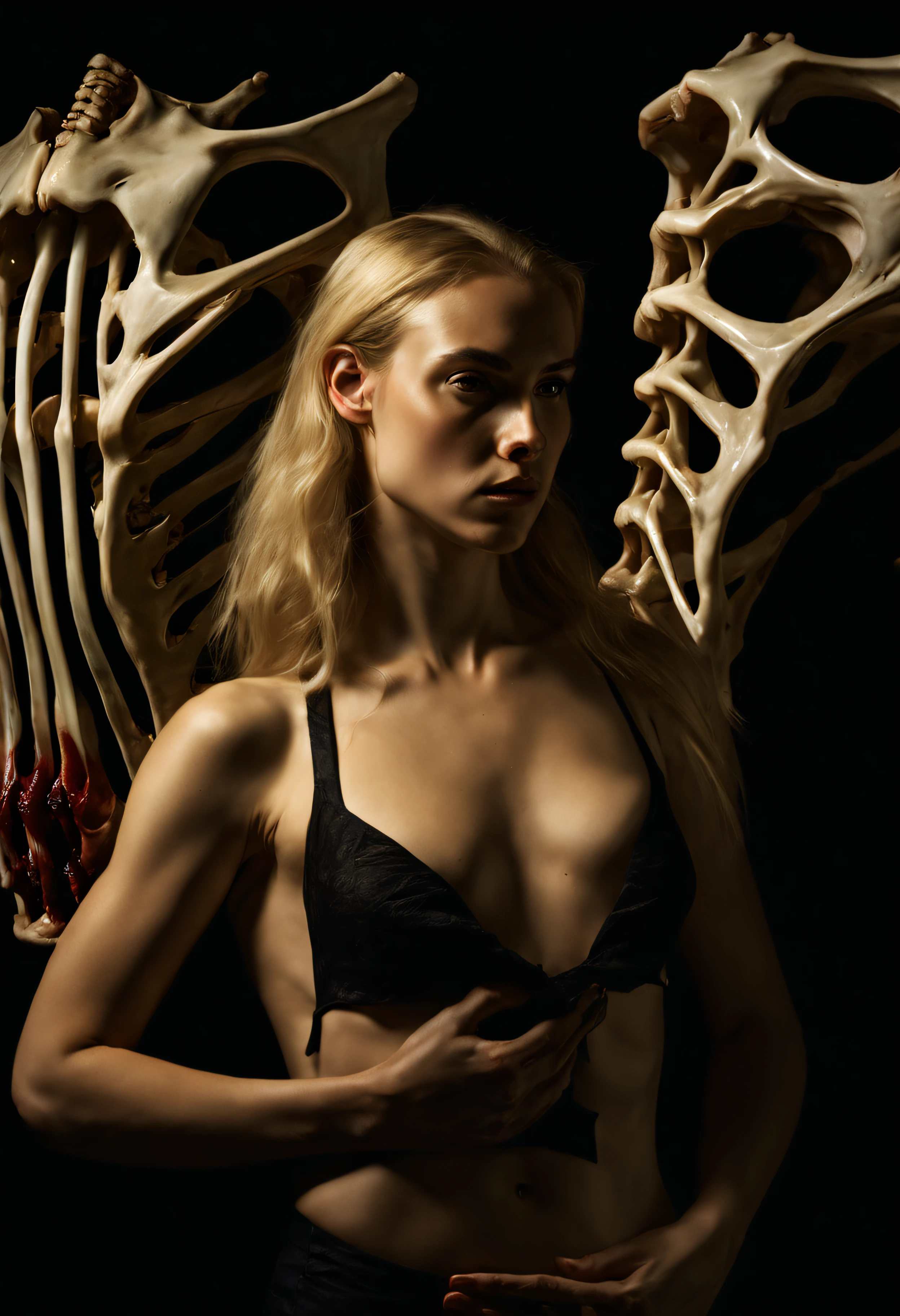 "(The best lighting, alto contraste, oscuro, dramatic),(Chica rubia junto a una cabra negra gigante, Open the rib cage, feto, autopsia, huesos humanos, sangre por las paredes). Luz Caravaggio"