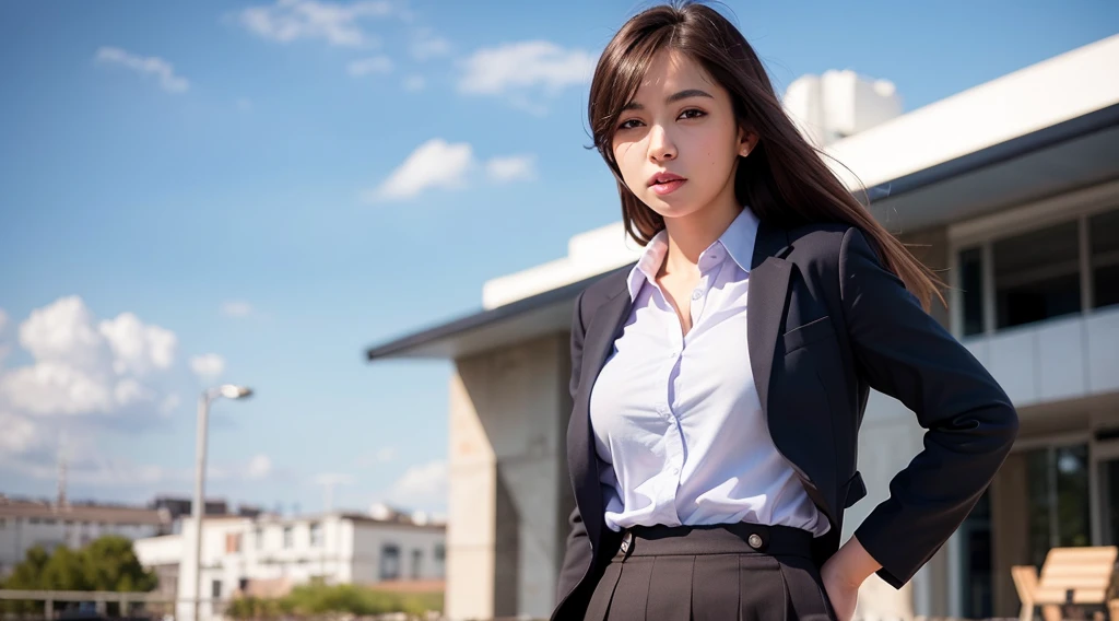 best quality, masterpiece, ultra high res, (photo realistic:1.4), 1 girl, medium breasts, big blue eyes, brown hair, white button shirt, black skirt, school uniform, cute, young, posing, very long hair, looking at viewers, sunny, sky, professional lighting, physically-based rendering