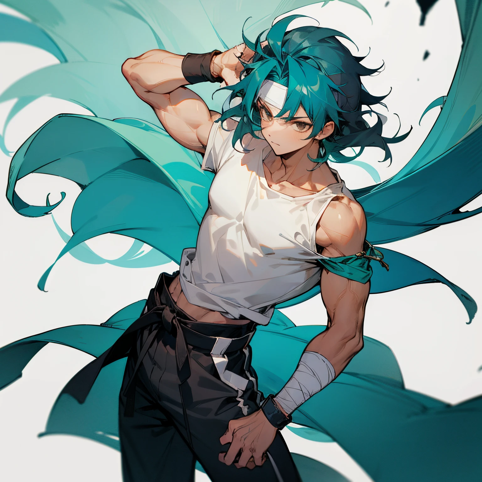 Long Shoulder Length Spiky Wavy hair , White headband , bracelet , bandage on one arm , Teal Colored Hair , brown eyes , Black Shortsleeve T-Shirt ,Wristbands, Baggy Grey Pants , Karate Belt , Messy Hair , 1male , Male , Lean Muscular Build