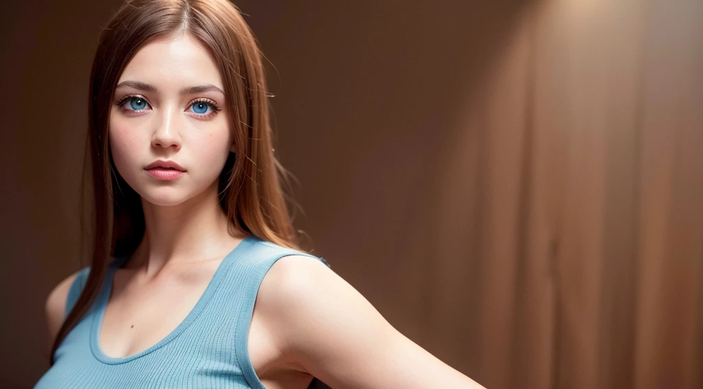 best quality, masterpiece, ultra high res, (photo realistic:1.4), 1 woman, big blue eyes, brown hair, cute, young, posing, very long hair, looking at viewers, professional lighting, physically-based rendering