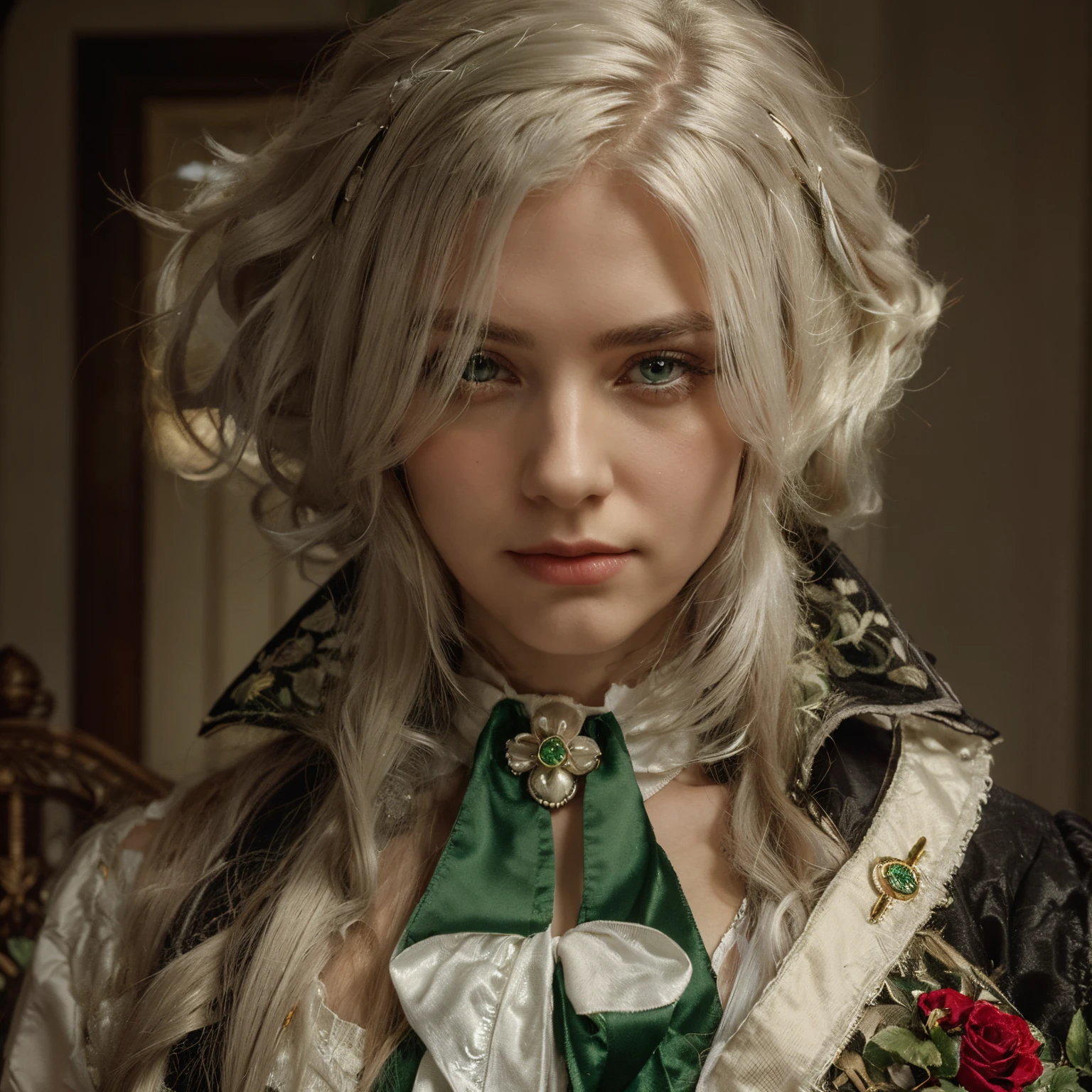 1girl, long straight hair, white hair, green eyes, beautiful face, red rose brooch in hair, Victorian dress