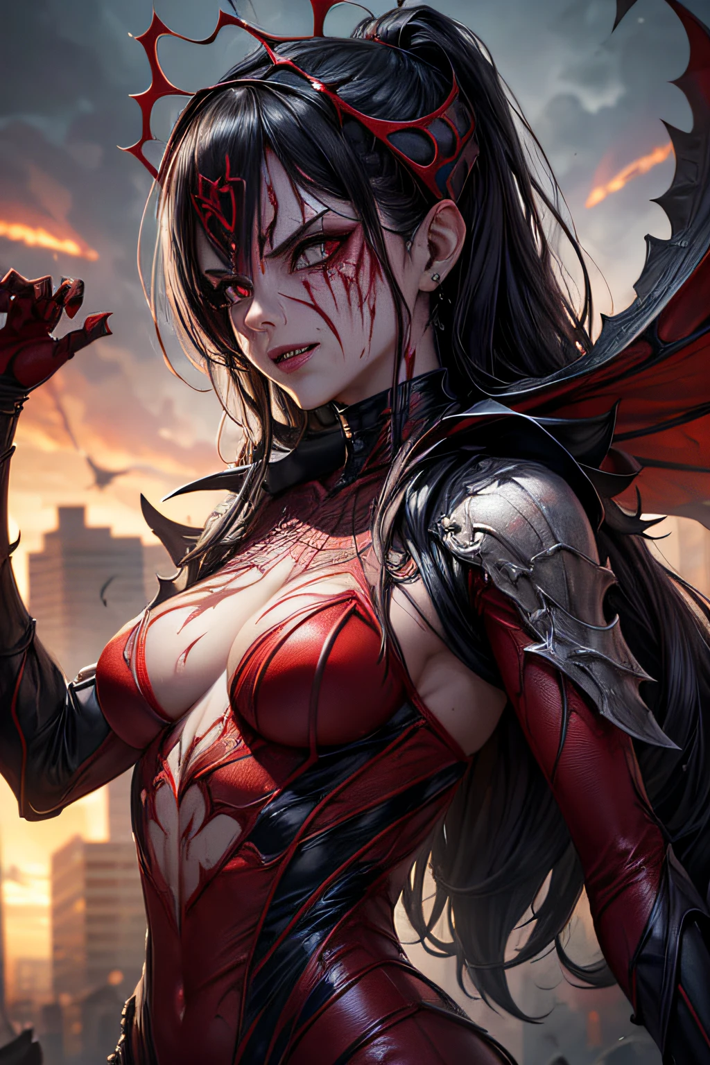 Supervillain Spider-Woman as a rotting dead zombie, Mask on the whole face,  and red spider suit with red spider symbol, small breasts, ev, vilanious, bloodthirsty, raged, ripped costupe, torn apart clothes, bloody, combat stance, highly detailed, vibrant appearance, creative behavior, extremly detailed, imaginative, sensual, spontaneous, highest quality, skin texture, intricate details, (cinematic lighting), RAW photo, 8k, masterpiece,best quality,ultra-detailed,very detailed illustrations,extremely detailed,intricate details,highres,super complex details,extremely detailed 8k cg wallpaper,