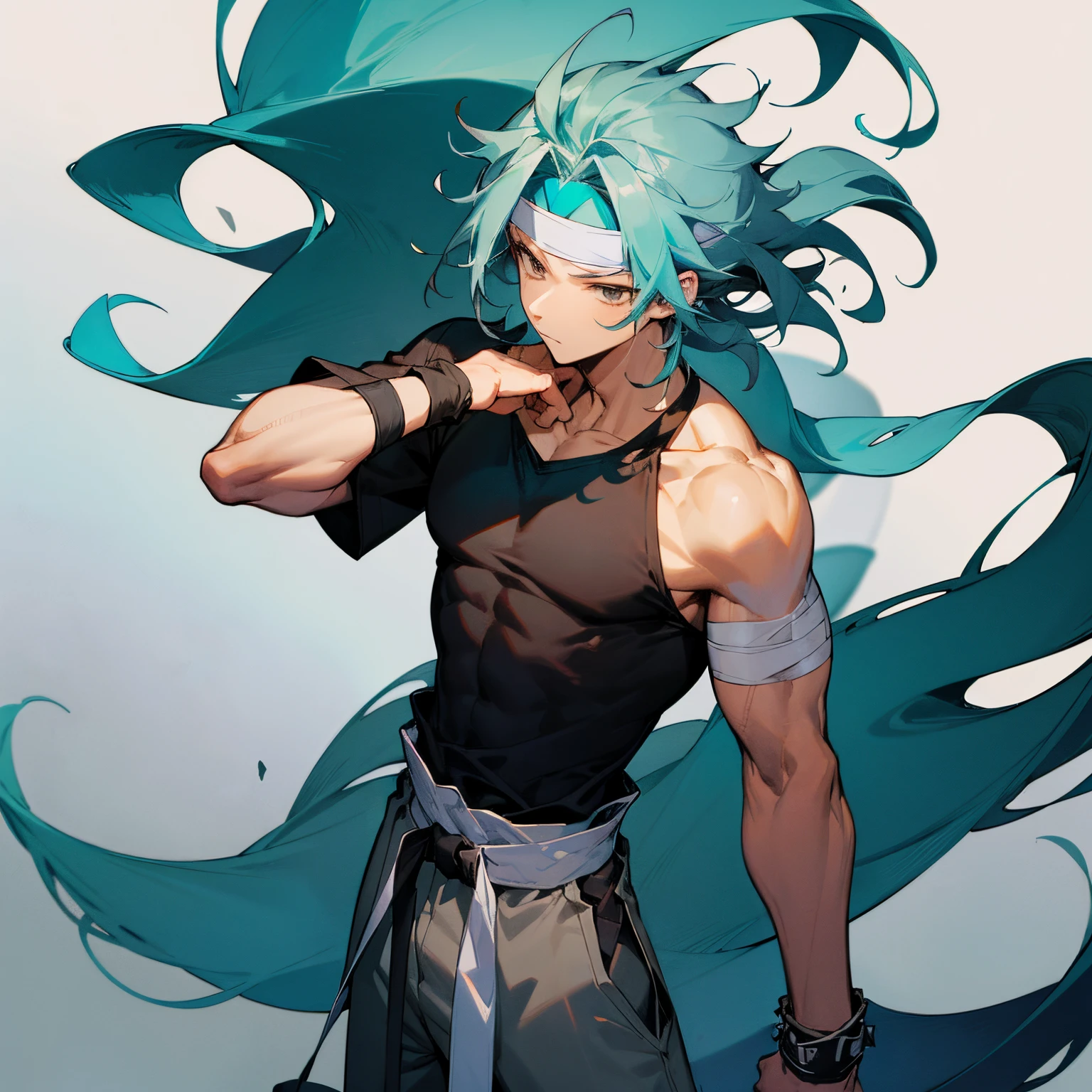 Long Shoulder Length Spiky Wavy hair , White headband , bracelet , bandage on one arm , Teal Colored Hair , brown eyes , Black Shortsleeve T-Shirt ,Wristbands, Baggy Grey Pants , Karate Belt , Messy Hair , 1male , Teen Male , Lean Muscular Build