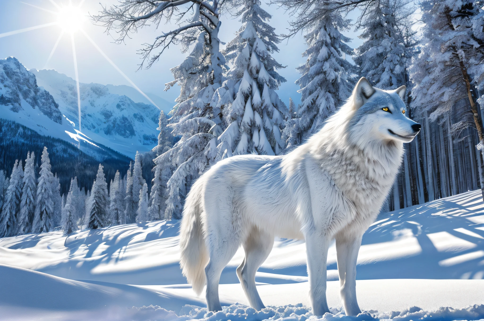 (best quality,ultra-detailed,realistic:1.37),white wolf in the snow,gorgeous winter scenery,crisp snowflakes,pristine snow-covered landscape,wolf's piercing blue eyes,strong and majestic stance,thick fur with intricate patterns,snow crystals glistening on the wolf's fur,mysterious aura surrounding the wolf,subtle shadows and highlights,impeccable attention to fur texture,dramatic lighting revealing the wolf's regal features,natural snow-covered trees in the background,vivid colors contrasting with the white snow,ethereal atmosphere,snowy mountains in the distance,subtle hints of the wolf's breath in the cold air