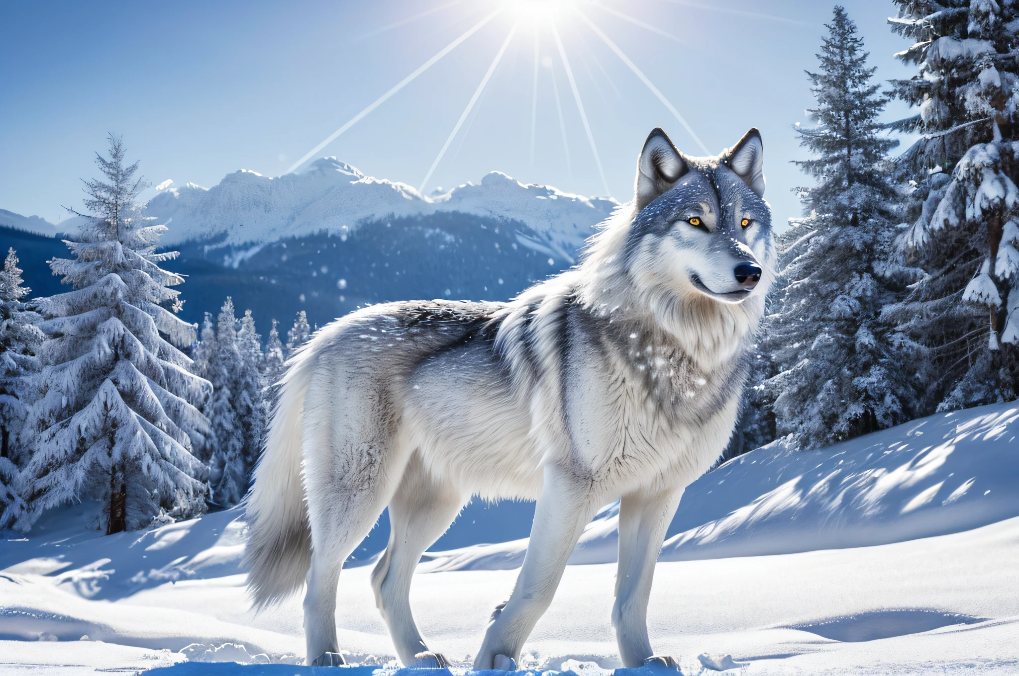 (best quality,ultra-detailed,realistic:1.37),white wolf in the snow,gorgeous winter scenery,crisp snowflakes,pristine snow-covered landscape,wolf's piercing blue eyes,strong and majestic stance,thick fur with intricate patterns,snow crystals glistening on the wolf's fur,mysterious aura surrounding the wolf,subtle shadows and highlights,impeccable attention to fur texture,dramatic lighting revealing the wolf's regal features,natural snow-covered trees in the background,vivid colors contrasting with the white snow,ethereal atmosphere,snowy mountains in the distance,subtle hints of the wolf's breath in the cold air