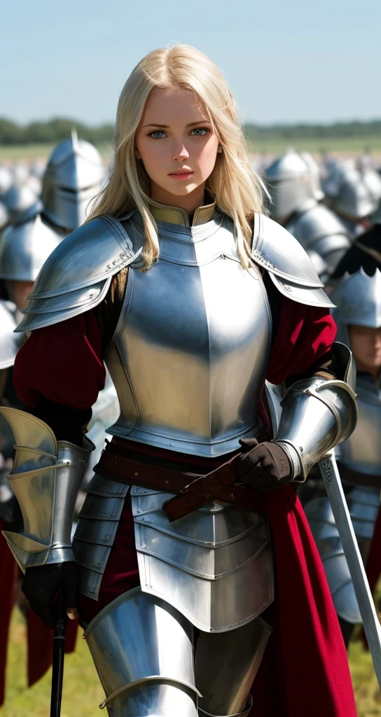 Beautiful blonde hair blue eyed female knight in shining armor leads an army of knights on the battlefield