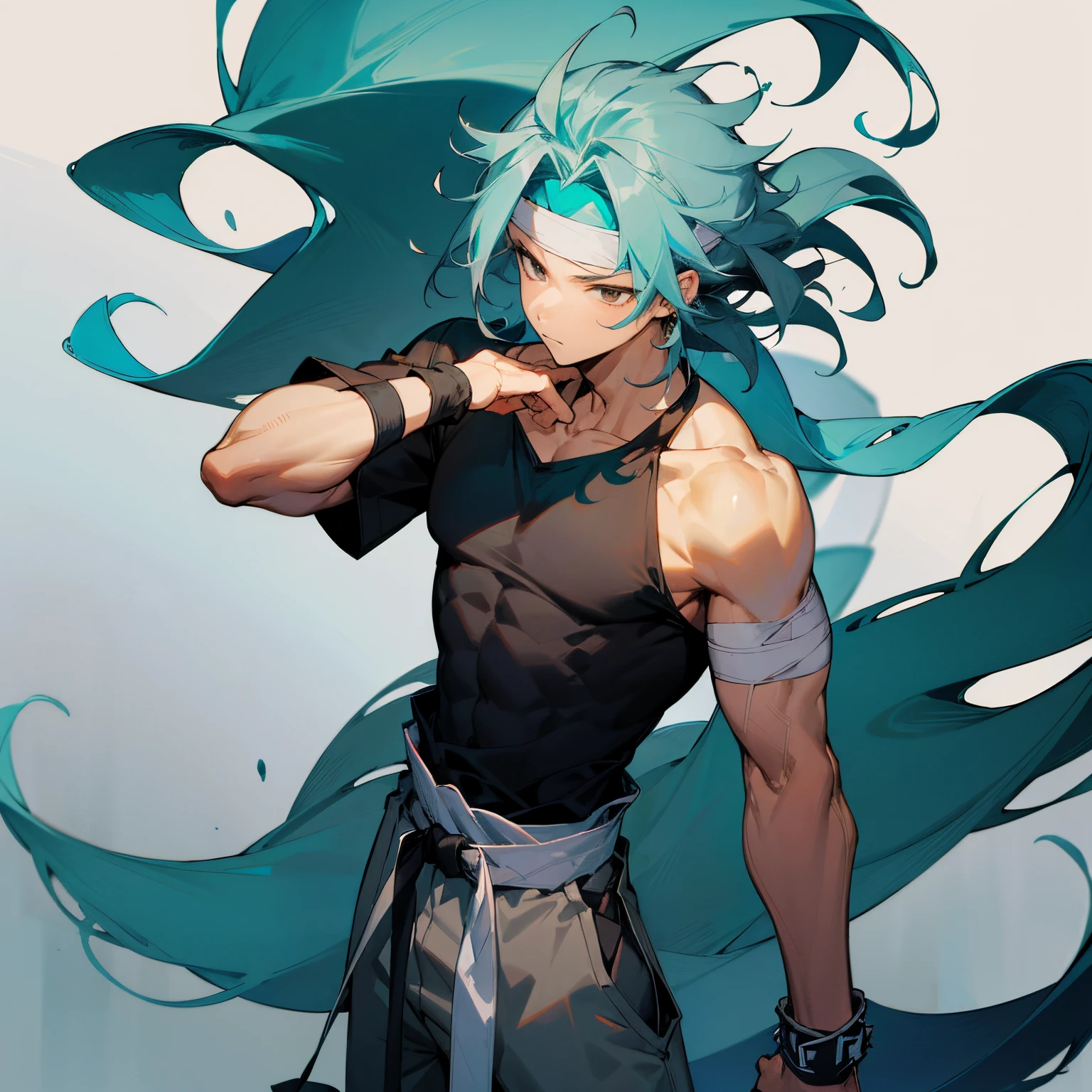 Long Shoulder Length Spiky Wavy hair , White headband , bracelet , bandage on one arm , Teal Colored Hair , brown eyes , Black Shortsleeve T-Shirt ,Wristbands, Baggy Grey Pants , Karate Belt , Messy Hair , 1male , Teen Male , Lean Muscular Build
