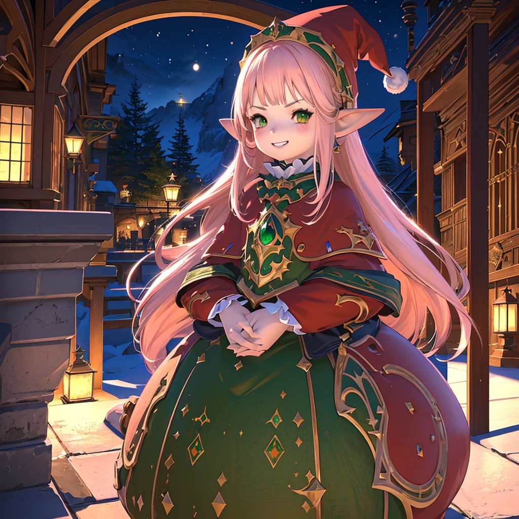 anime, (masterpiece, best quality, ultra-detailed), (detailed background, night time, outside, snow), (beautiful detailed face), 1 girl (solo, Lalafell, long hair, pink hair, santa hat, santa outfit, grin expression, high detail eyes, (glowing emerald green eyes):1.1, hands behind back, lean forward)