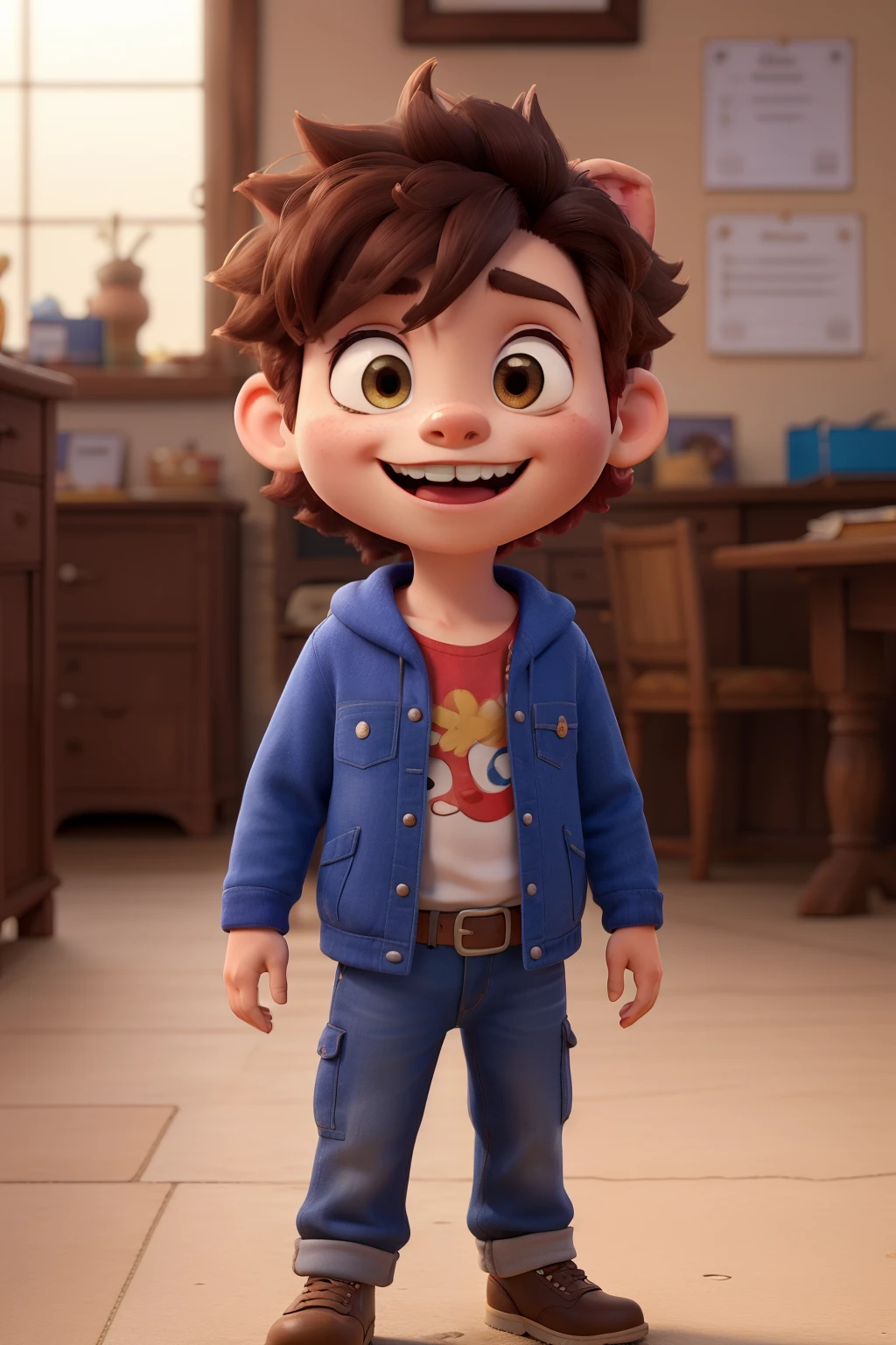 two-year-old child, his name is Mimo, possui pela clara, olhos castanhos claros, cabelos de fogo na cor alaranjado, dentinhos separados, bochechas fofas, rosto arredondado, queixo afinado, orelhas pequenas, sorridente, lion boy character, fazendo pose de legal com o polegar, vestido de jaqueta cor rosa e azul, com o nome MIMO escrito na jaqueta no lado esquerdo do peito, corpo inteiro, personagem 3D Disney Pixar Cartoon