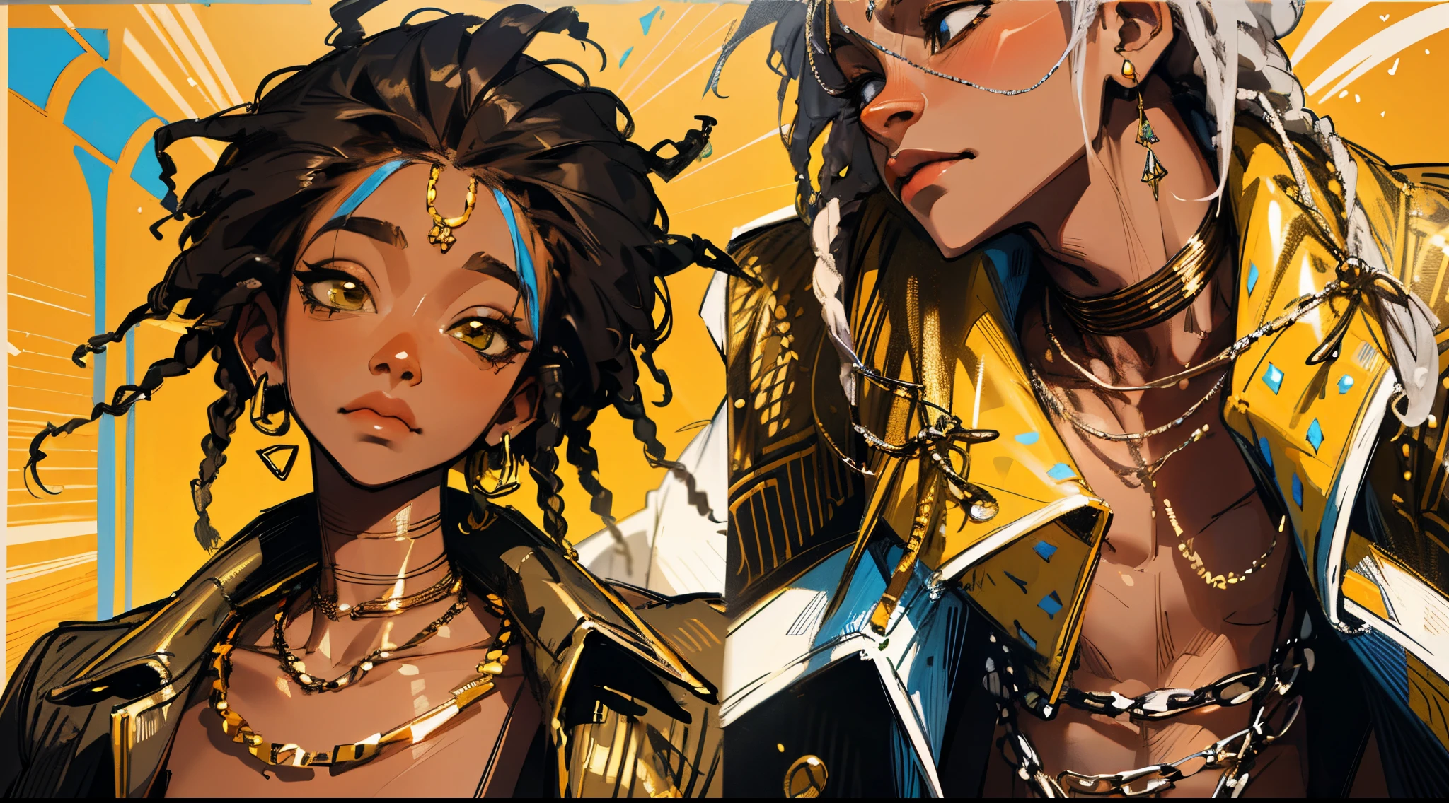 (Improve Image) (Best Quality) Art in the style Juice Wrld Man putting a gold necklace on his black woman, he has short Dreads hair and with the color of the Dreads in half yellow and half black with jewelry and designer clothes, bracelets studded in silver and gold, image in anime style one piece