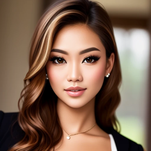 Beautiful blonde hair brown eyes half Filipina half America young woman realistic dressed to impress