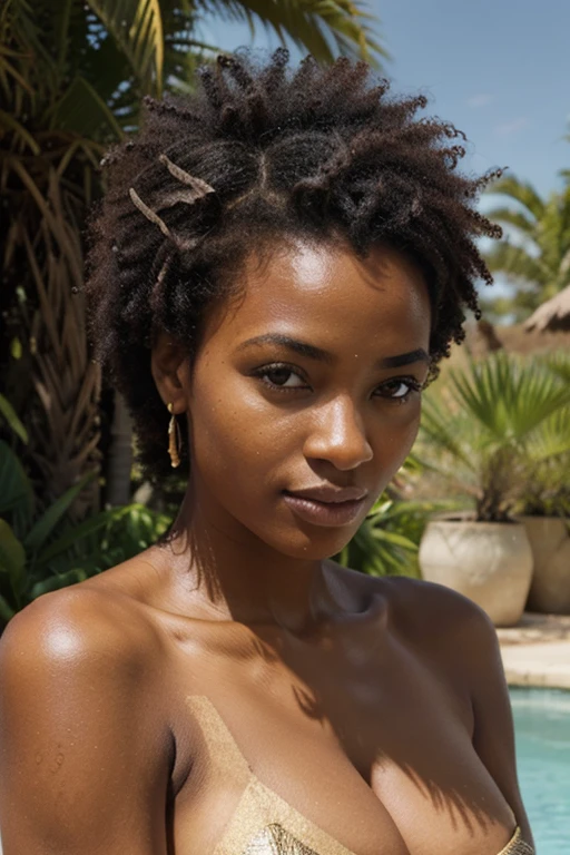 Générer une illustration réaliste en 4K d'une femme africaine dans la quarantaine. Elle a une peau riche et chaleureuse, des traits du visage matures mais empreints de grâce, des yeux expressifs reflétant son vécu, et des cheveux naturels d'une texture afro. Son expression doit évoquer la sagesse et la résilience, capturant la beauté authentique d'une femme forte dans la quarantaine. Assurez-vous que l'image présente des détails réalistes, mettant en valeur la diversité et la richesse de l'esthétique africaine.