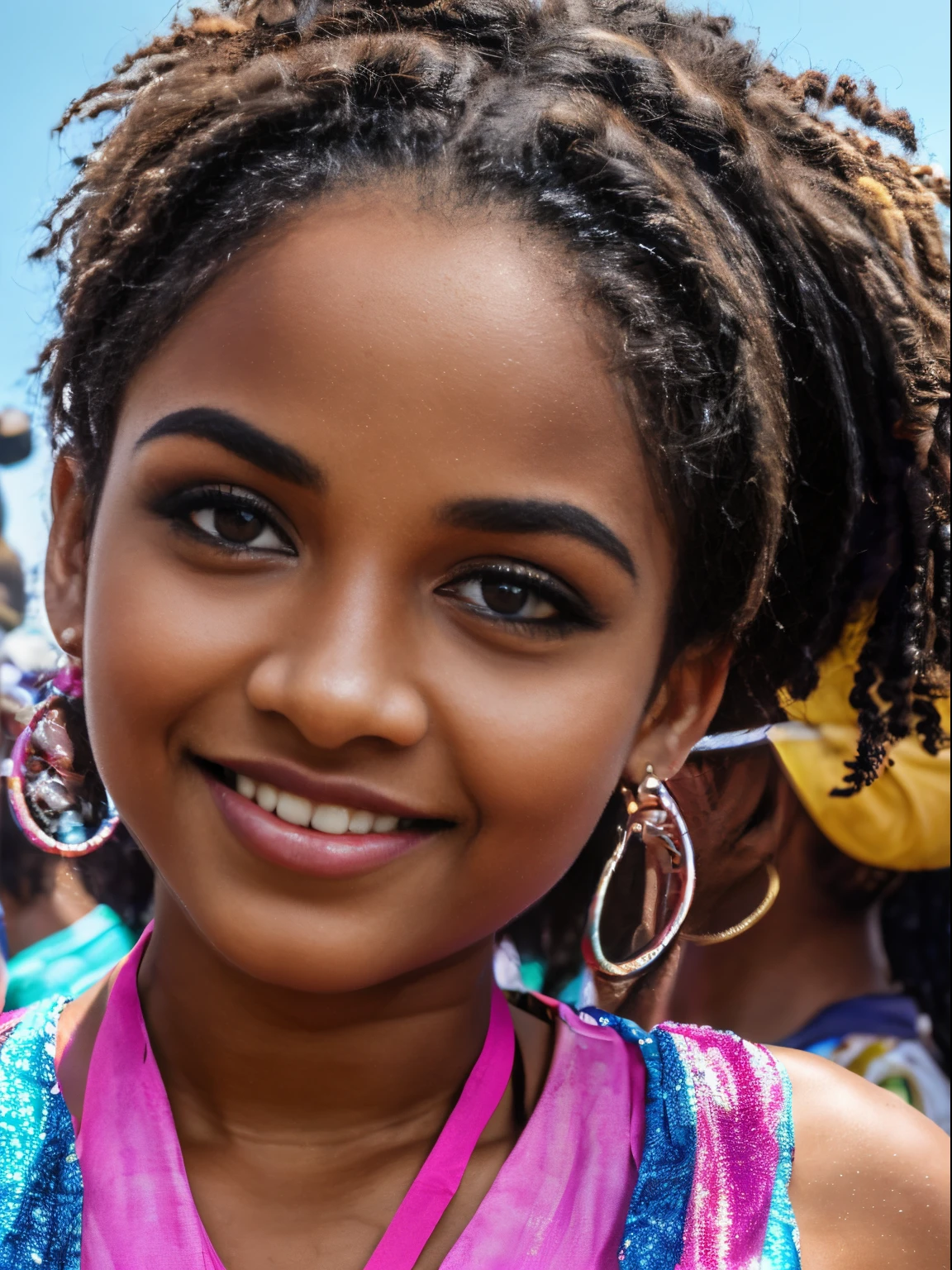 (8k, highest quality, ultra detailed:1.37), (Nyla), 18yo, (a music-loving African-Brazilian), immerses herself in the vibrant atmosphere of a music festival. She dances and enjoys the performances, radiating pure joy. The high-resolution image captures ultra-detailed realism, highlighting Nyla's infectious smile, captivating eyes, and flawless complexion. The lively music, colorful stage lights, and energetic crowd add to the excitement, creating a visually stunning representation of Nyla's love for music festivals.