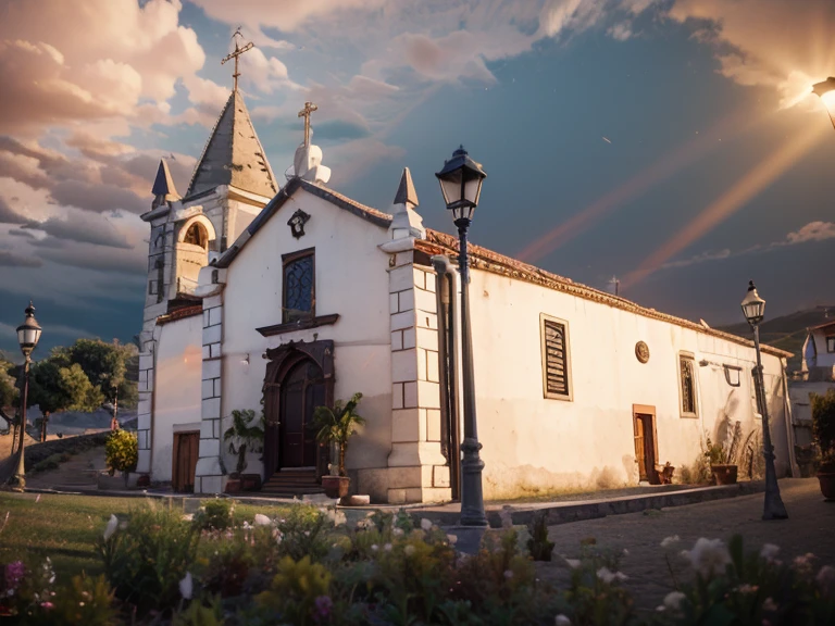 there is a white church with a clock tower and a lamppost, igreja, bispo do rosario, vista externa, monastery, vista Fora, visto de fora, rosalia vila i tobella, Arrendajo em Avila Pinewood, fora, vista frontal, vista frontal, idade, Completo - Vista, aldeia, igreja na madeira, catedral da igreja