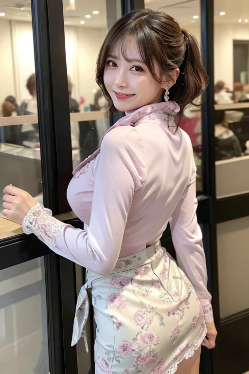 masutepiece, Best Quality, Photorealsitic, finely detail, hight resolution, 8K Wallpapers, Perfect dynamic composition, Beautiful detailed eyes,Layer Cut Hair、Hair is light brown、Glamour、s Office、(Breast bulge 1.2)、(cleavage:1.2)、((White blouse、long-sleeve、Pink scarf))、((light blue floral pattern、high waist skirt、with lace decoration))、fishnet tights、a smile、(Drooping eyes 1.4)、((Prostitutes,prostitution))、a smile、Shy face、Erotic、Adult beauty、japanes、A slender、perfect anatomia 、Sexy style、is standing、large earring、big diamond necklace、from behind、bite deeply