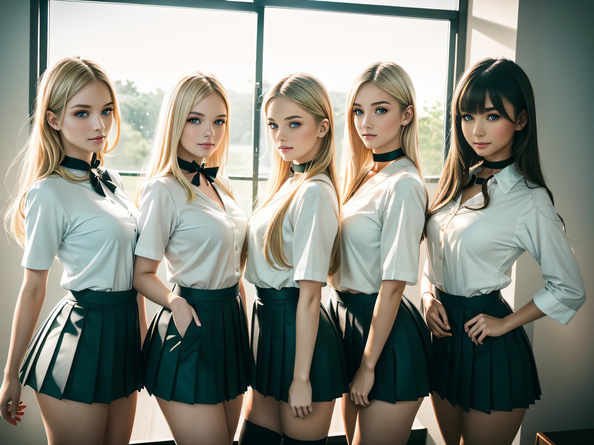 ((8k, highly detailed:1.5, raw photo, photorealistic, wallpaper, masterpiece:1.2)), Award Winning Photograph, ((Group shot:1.2, extremely beautiful girls:1.5, detailed on face, detailed eyes, cute face, ultra detailed)), extremely beautiful faces, three girls in Japanese highschool uniform standing inside a room next to the window, wearing a Japanese school uniform, white blouse, age model, kawaii model, pleated skirt, choker, goddesses, blonde, posing in the room, women full body, supermodel body, smiling, blonde women, idols,