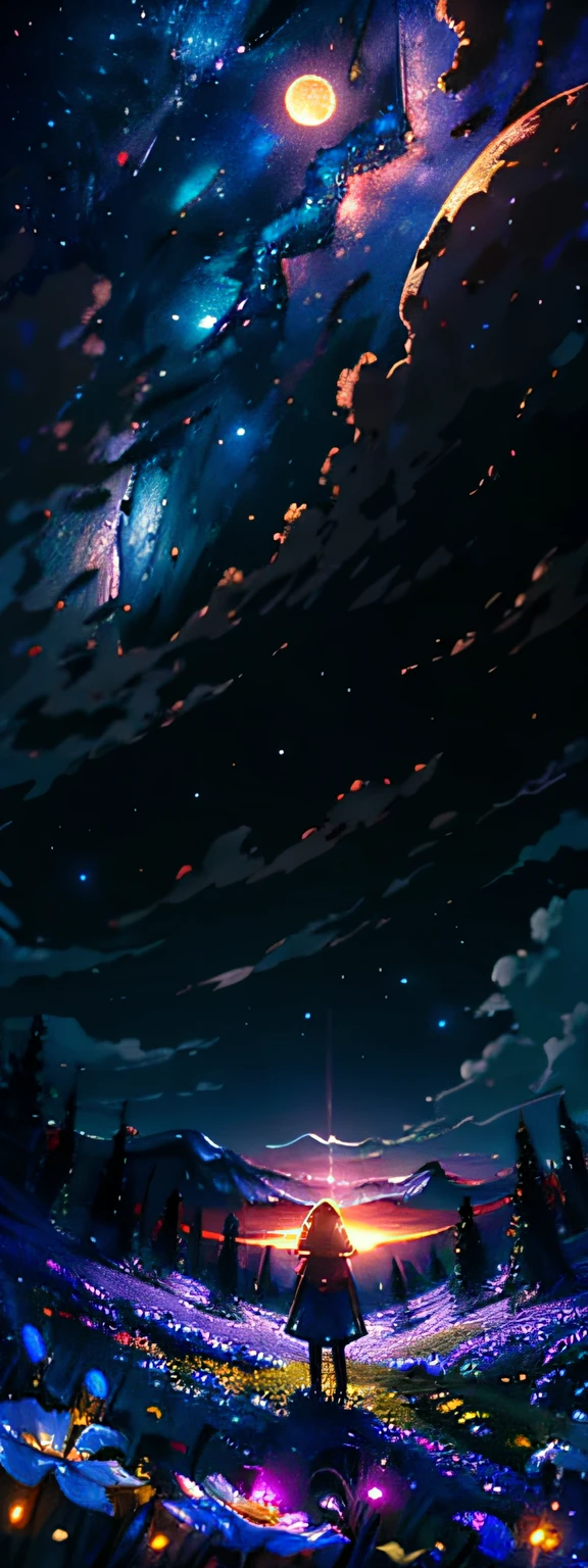 Expansive landscape photograph, (view from below with a view of the sky and the wilderness below), girl standing in a flower field looking up, (full moon: 1.2), (shooting star: 0.9), (nebula: 1.3), distant mountain, tree break production art, (warm light source: 1.2), (firefly: 1.2), lamp, purple and orange, intricate detail, volume lighting BREAK (masterpiece: 1.2), (highest quality ), 4k, ultra-detailed, (dynamic configuration: 1.4), highly detailed and colorful details (iridescent: 1.2), (sparkling lighting, atmospheric lighting), dreamy, magical, (solo: 1.2)