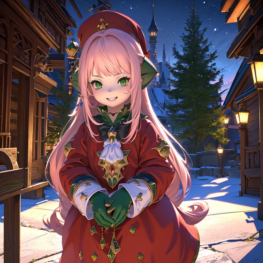 anime, (masterpiece, best quality, ultra-detailed), (detailed background, night time, outside, snow), (beautiful detailed face), 1 girl (solo, Lalafell, long hair, pink hair, santa hat, santa outfit, grin expression, high detail eyes, (glowing emerald green eyes):1.1, hands behind back, lean forward)