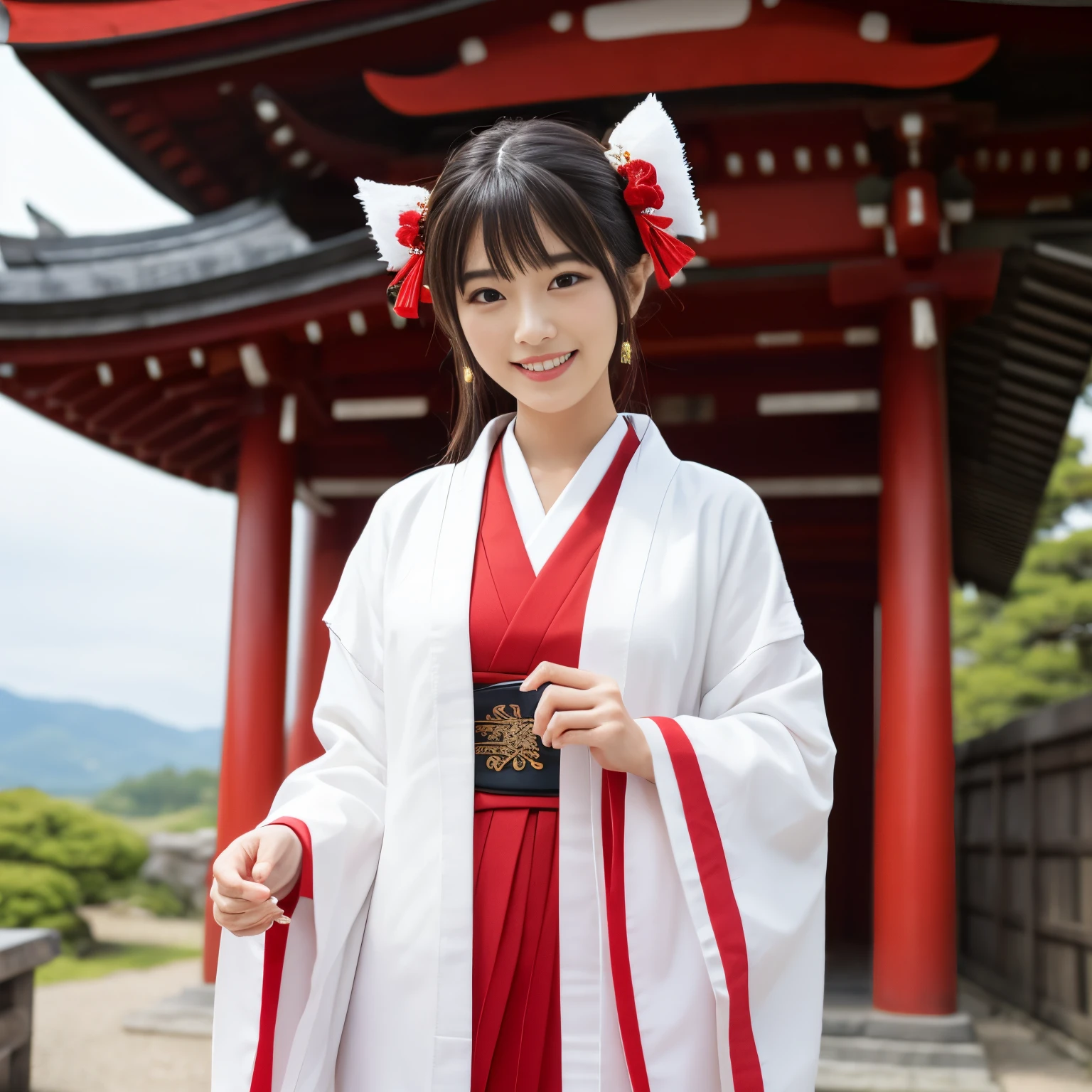 ((top-quality、masutepiece、8K、Top image quality))、A beautiful shrine maiden、shrine maiden's white coat、Chihaya the Shrine Maiden、Shrine maiden's red hakama、Perfect authentic shrine maiden costume、cowboy shot、View me、Biggest smile、The background is a majestic and luxurious shrine、The majestic and luxurious exterior of a real shrine、A gorgeous authentic shrine with Niwa lacquerware